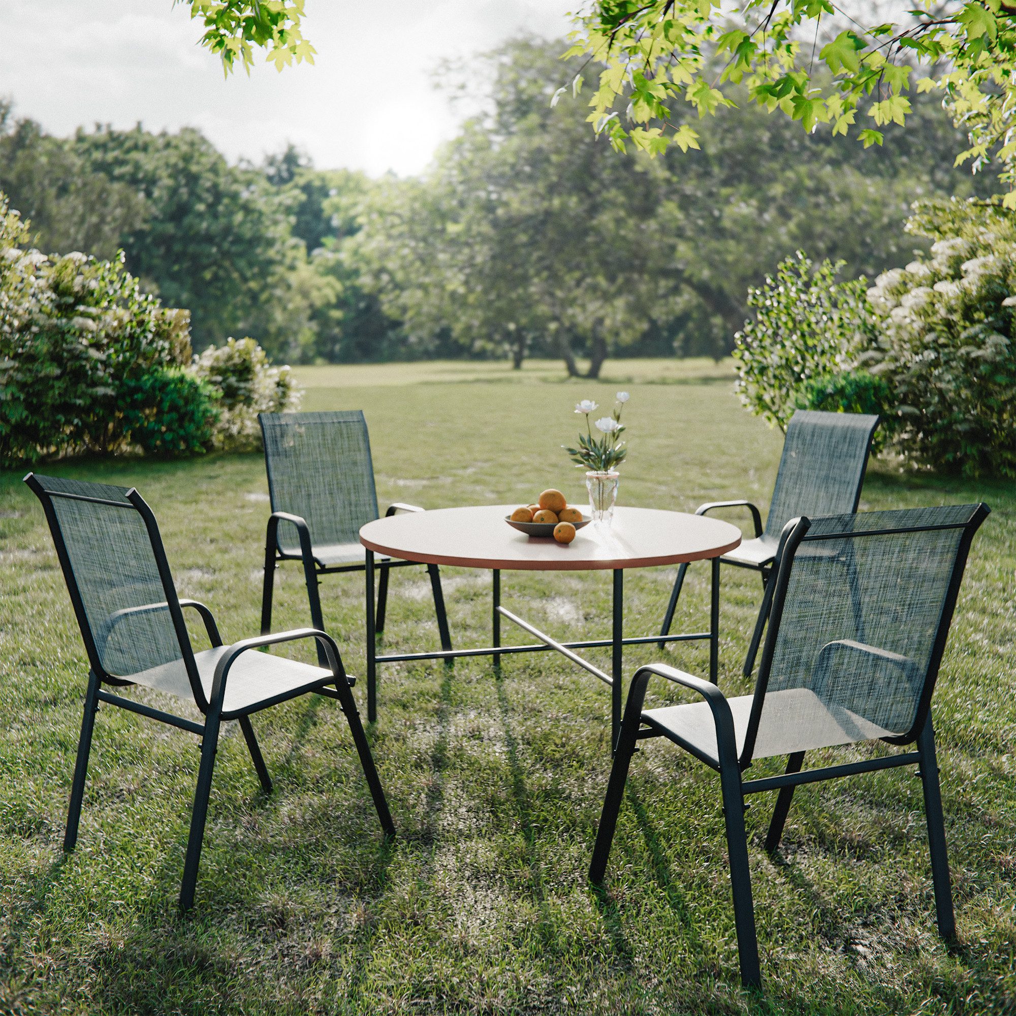 GOTLAND Esszimmerstuhl Gartenstühle, stapelbare Esszimmerstühle für den Außenbereich (für Garten, Balkon, Hinterhof, 4 St), mit Armlehnen, atmungsaktives Textilene und Stahlgestell