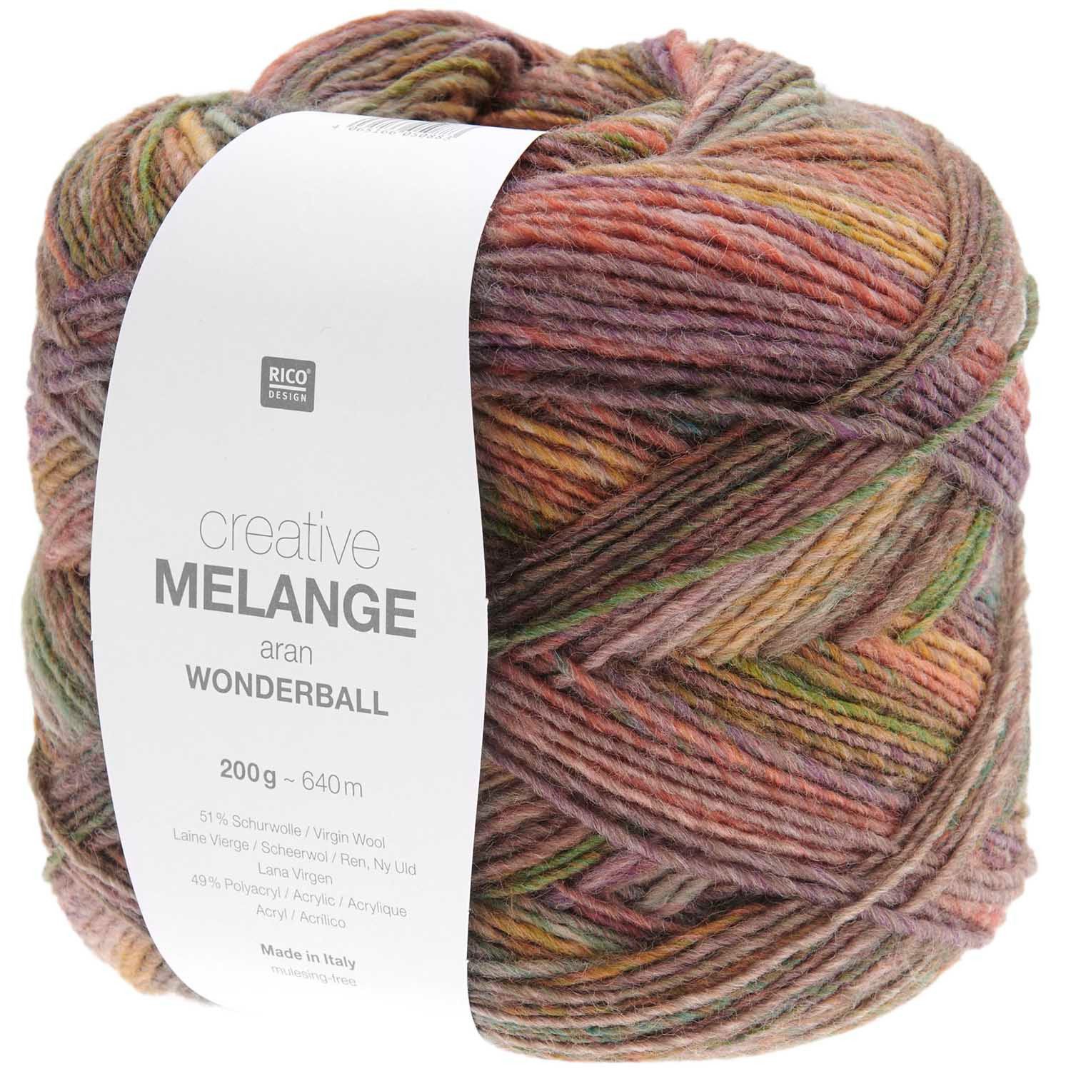 Rico Design Creative Melange Aran Wonderball Häkelwolle, 640,00 m (Wolle mit Farbverlauf zum stricken oder häkeln, Strickgarn Handstrickgarn Strickwolle, 200g), dicke Farbverlaufswolle