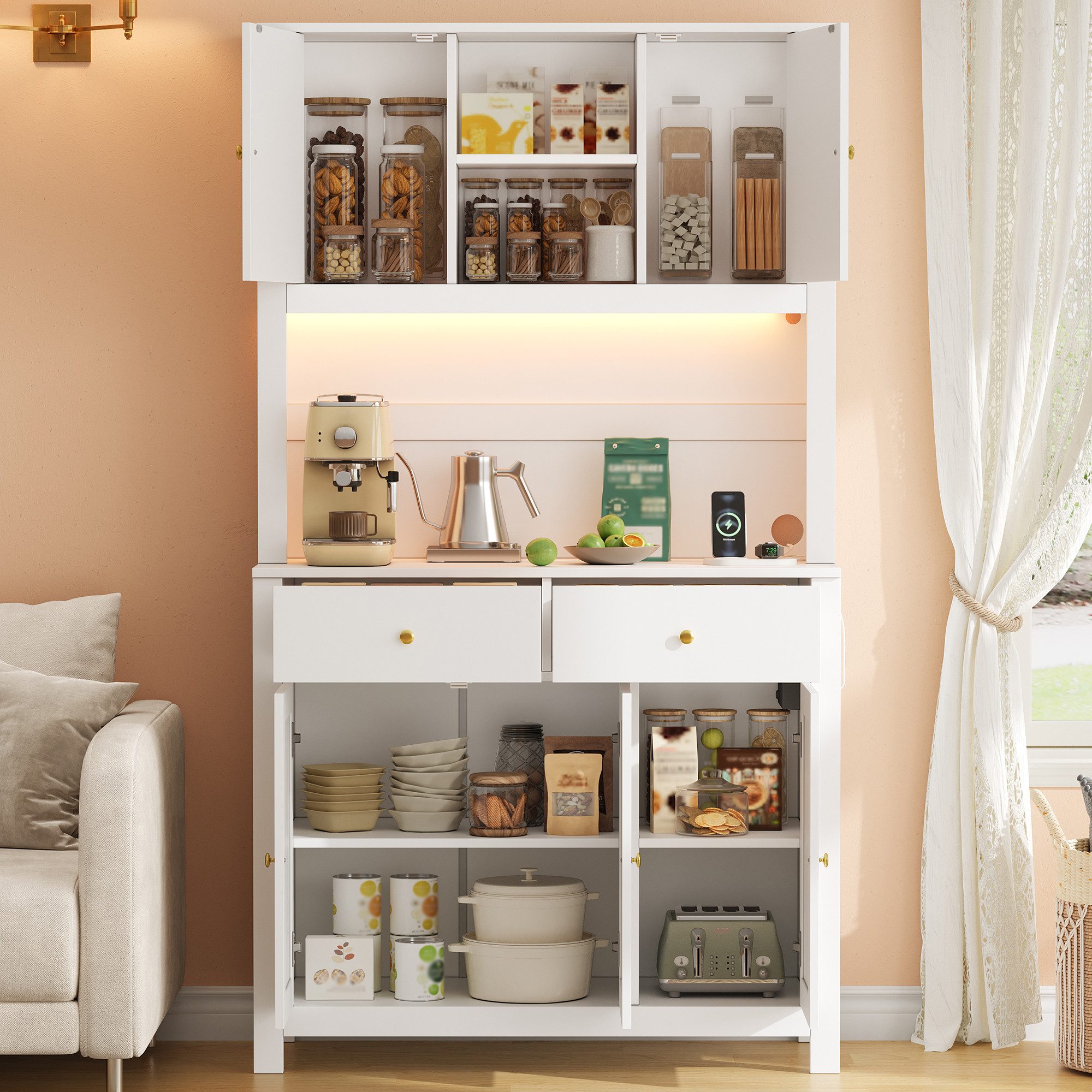 Flieks Küchenbuffet Hochschrank mit LED-Beleuchtung, Steckdosen, Rattantüren, 2 Schubladen (Ladefunktion, 1-St., B100xT40xH180 cm) Küchenschrank Mehrzweckschran – Bild 2 von 5