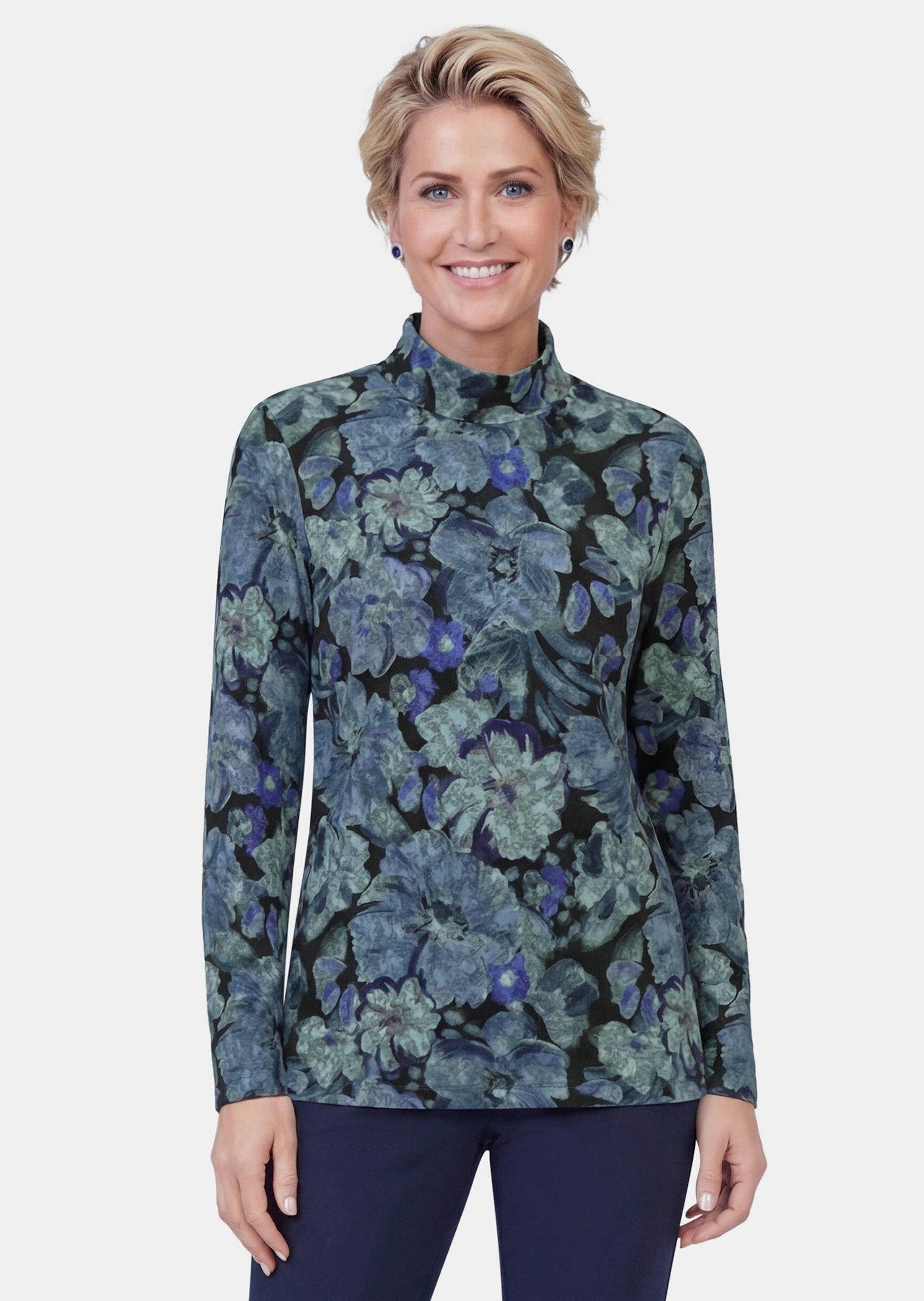 GOLDNER Print-Shirt Langarmshirt mit Blumen Fein strukturiertes Jerseyshirt mit Stehkragen