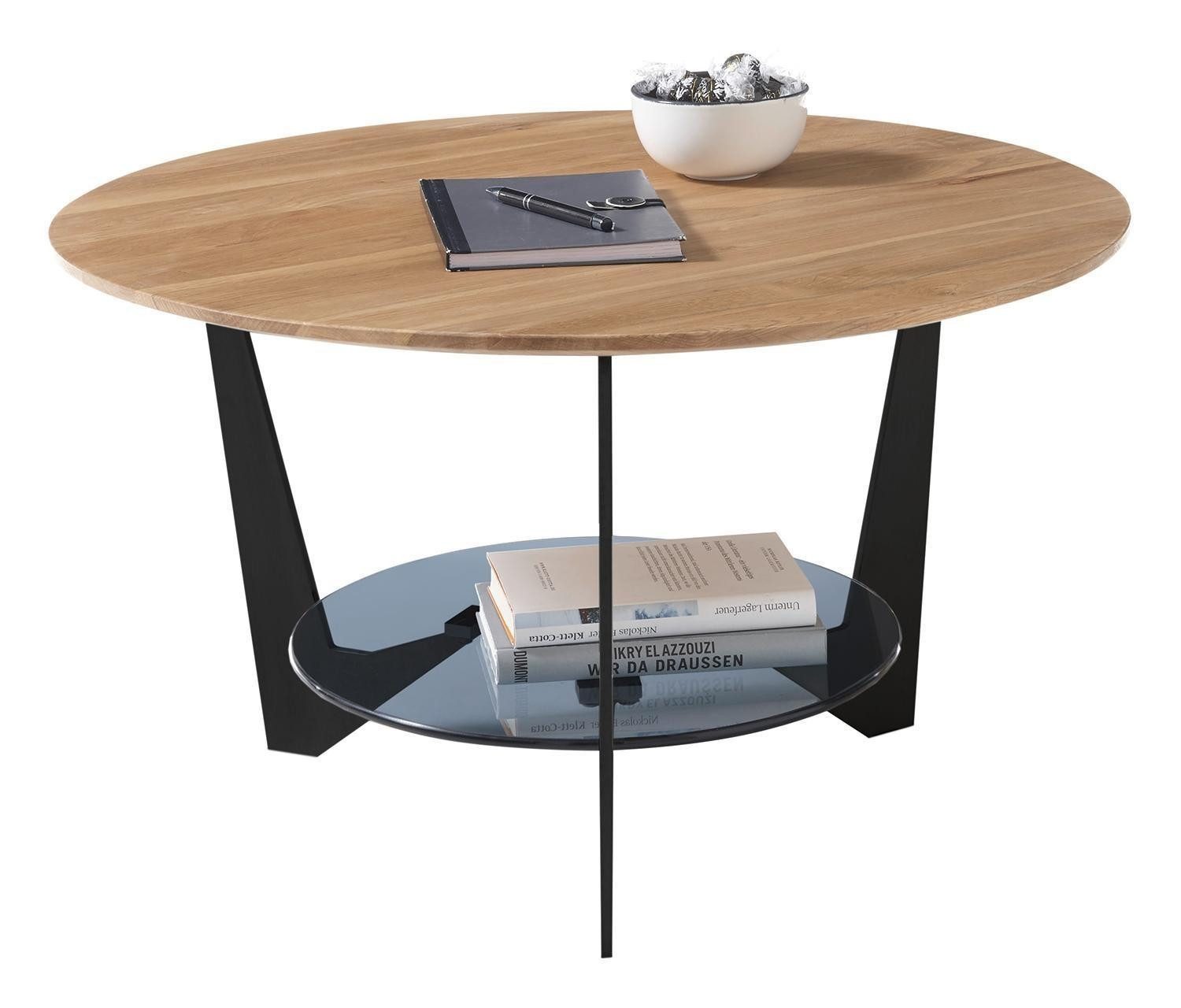 Couchtisch CADIZ, Braun, Grau, Schwarz, Eichenholz massiv, Metall, Ablageboden aus Glas, Ø 70 x H 40 cm