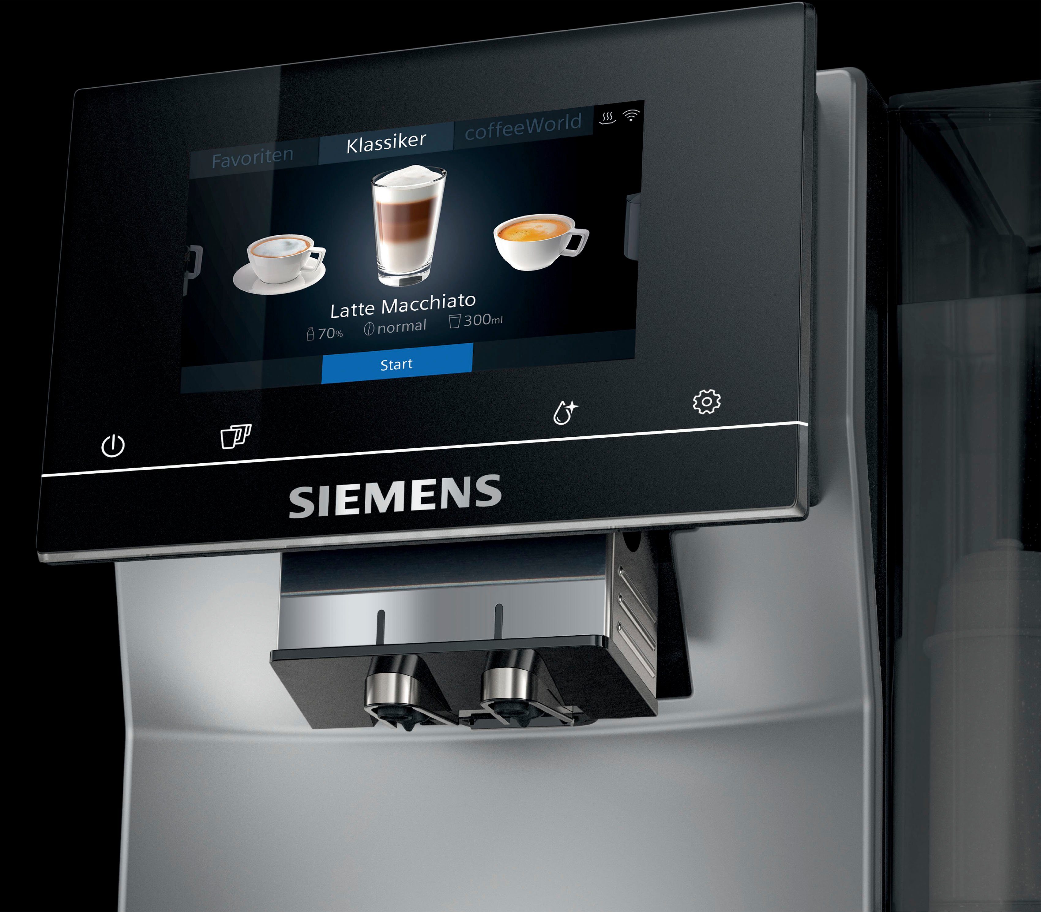 metallic SIEMENS EQ.700 10 Milchsystem-Reinigung silber Profile speicherbar, TP705D47, Inox Full-Touch-Display, Kaffeevollautomat bis