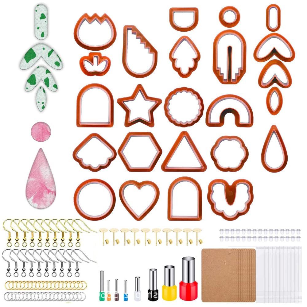 GarveeMore Modellierwerkzeug 142-teiliges Polymer-Ton-Formenset, Ohrring-Bastelset aus Ton, (24 Formen, Plastik-Ton-Ohrringe), Rundmesser-Schneideset, Materialien für Herstellung & Verpackung