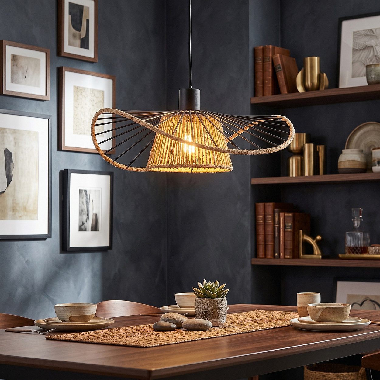 hofstein Hängeleuchte Hängelampe aus Metall/Papiergeflecht in Schwarz/Naturfarben, ohne Leuchtmittel, moderne Hängelleuchte im Boho-Design, E27, Höhe max. 110 cm
