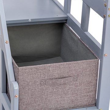 XDeer Etagenbett Kinderbett Massivholzbett mit Lattenrost Sicherheitsleiter, Kleiderbügel Aufbewahrungsbox Nachttisch USB-Anschluss Grau