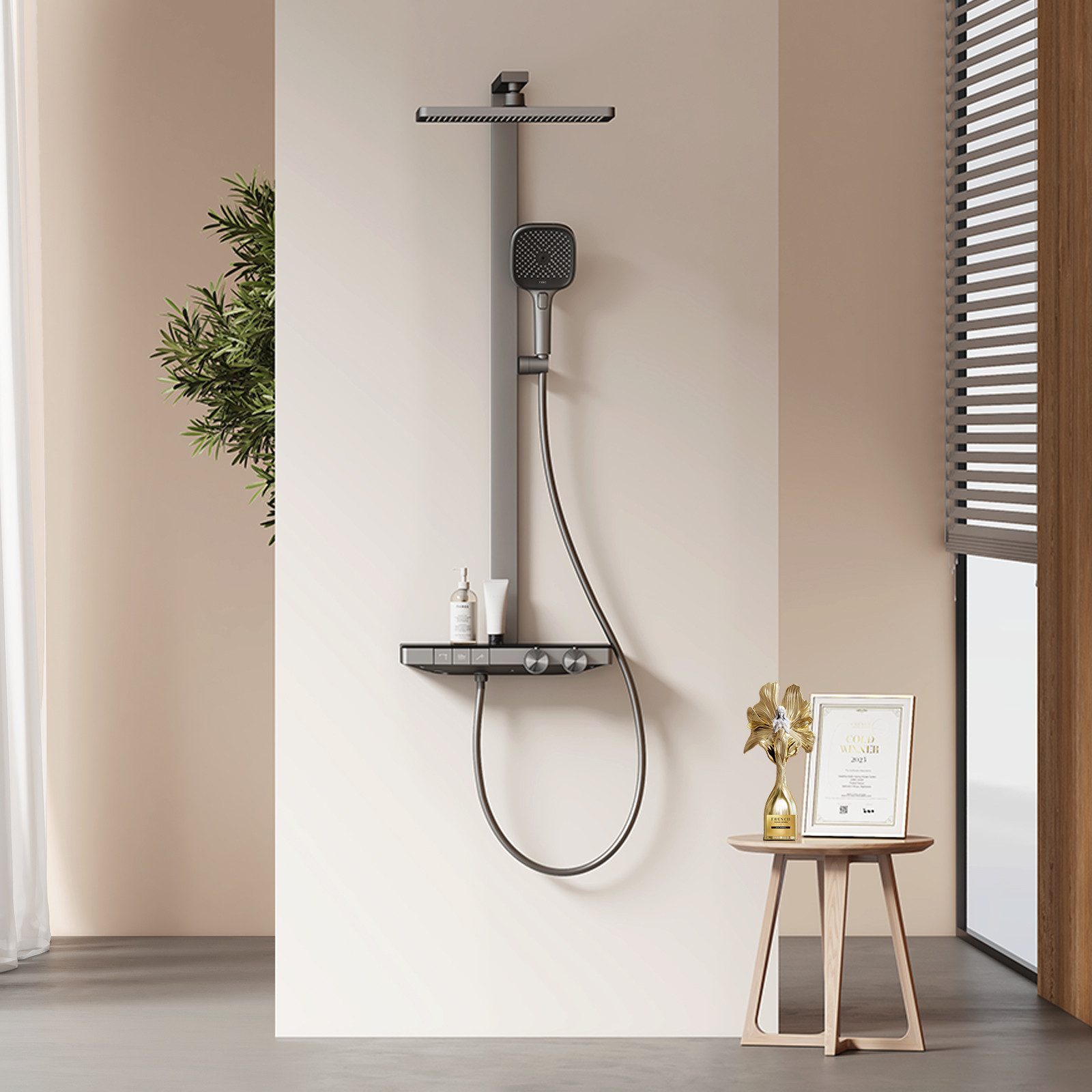 EMKE Duschsystem mit Thermostat Regendusche und Handbrause Messing Duschsäule, Thermostat Duschsystem mit Handbrause, 4 Funktionen Messing