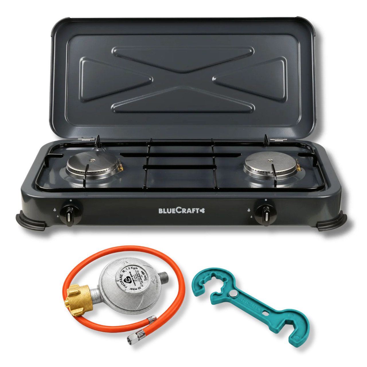 BlueCraft Gaskocher 2 flammig mit Zündsicherung 50mbar Propan Gas Campingkocher 4,4 kW, (Set), Camping Gas Kocher 2 flammen für Gasflasche Gasherd Gas-Kochfeld
