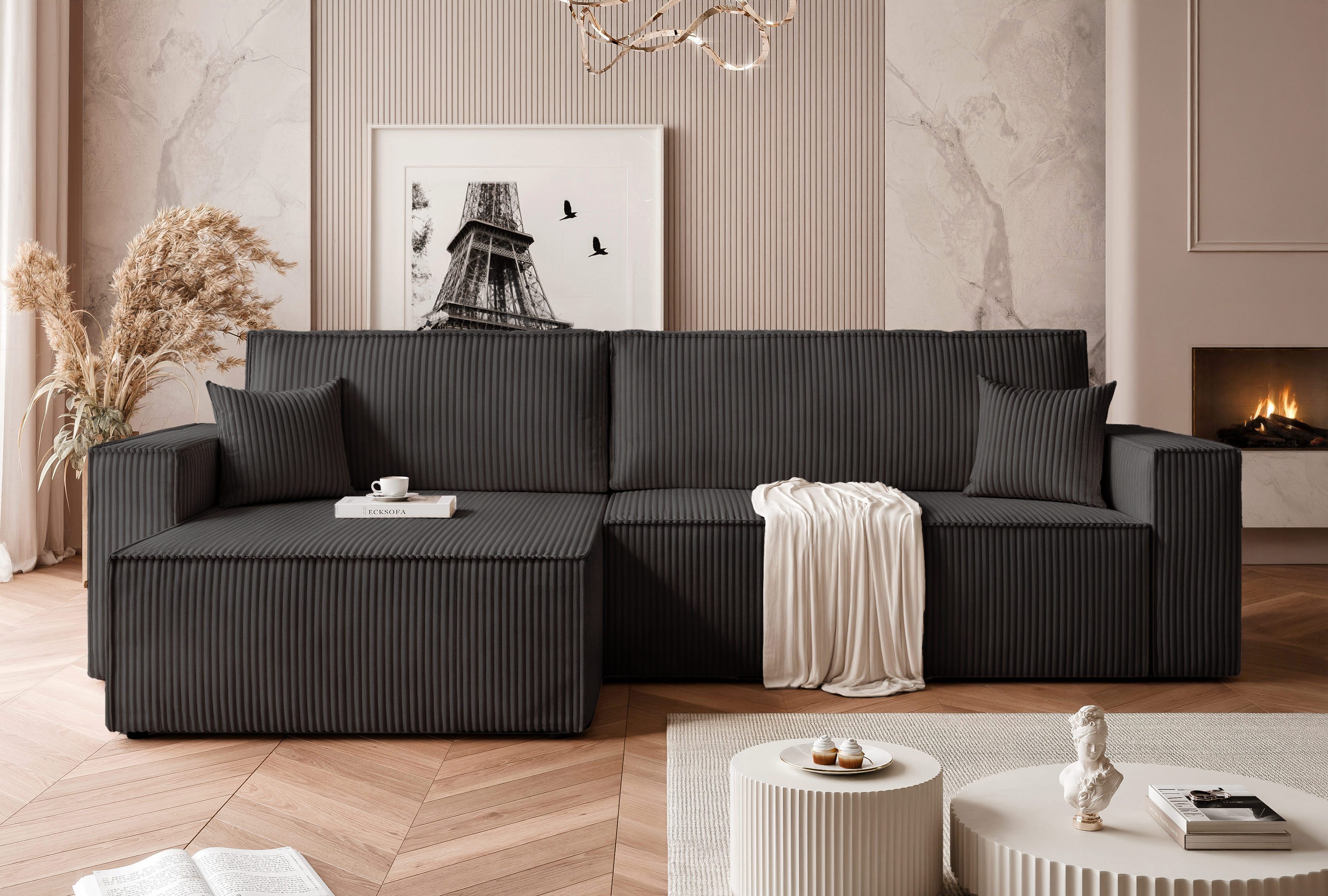 yourhouse24 Ecksofa PARIS XL - Trend-Cord, Schlaffunktion & abnehmbare Bezüge, mit Schlaffunktion und Bettkasten, Seite universal