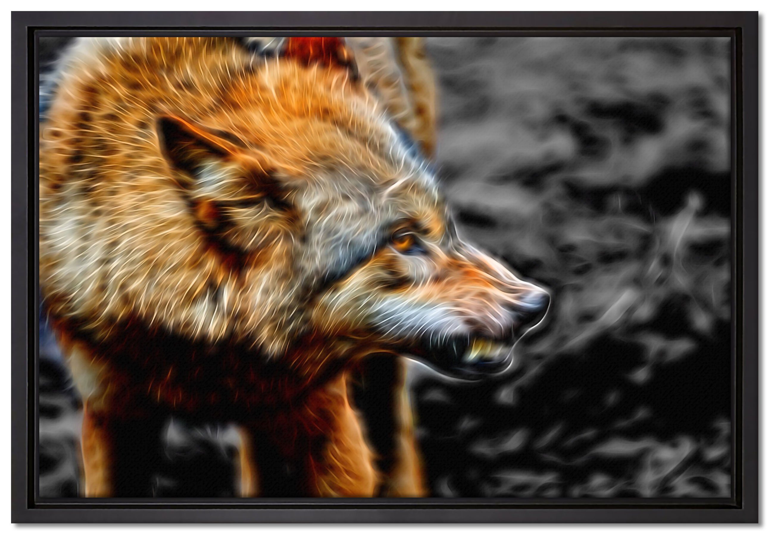 Pixxprint Leinwandbild wütender Wolf, Wanddekoration (1 St), Leinwandbild fertig bespannt, in einem Schattenfugen-Bilderrahmen gefasst, inkl. Zackenaufhänger