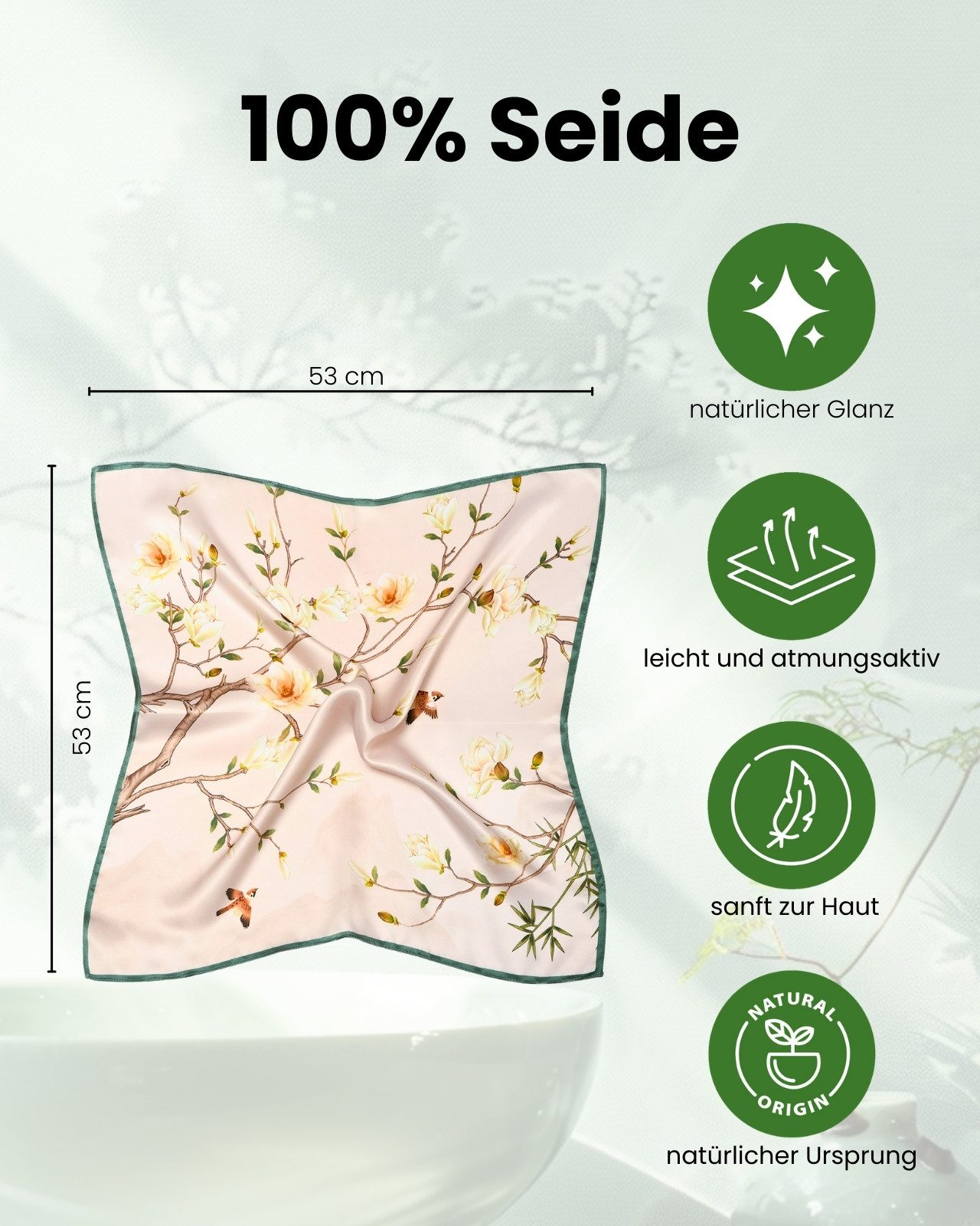 MayTree Seidentuch quadratisch Kranich 53x53, Nickituch, Bandana-Schal, (Stück), 100% Seide