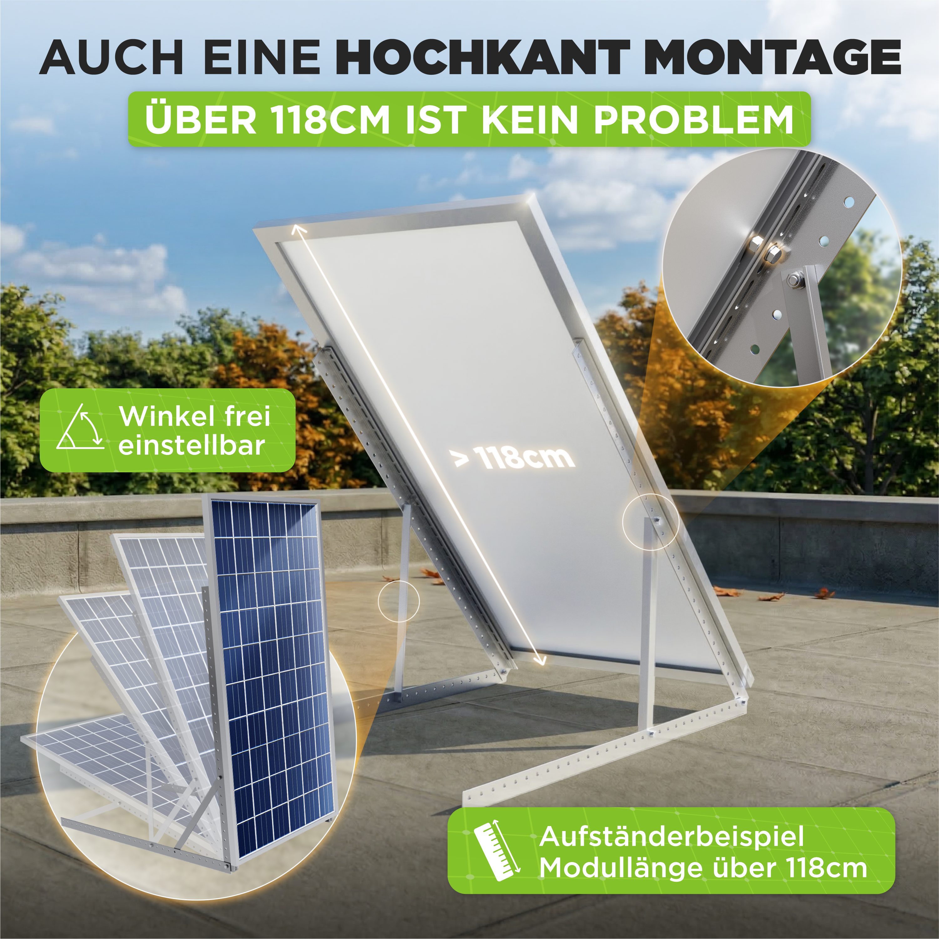 Drei Eichen Solarmodul-Halterung Balkonkraftwerk 118cm 3mm Stark. 2x Solarmodule. Wand Balkon Flachdach, (Für 2 Stück Photovoltaikmodule, Länge 118cm - Stärke 3 – Bild 4 von 5