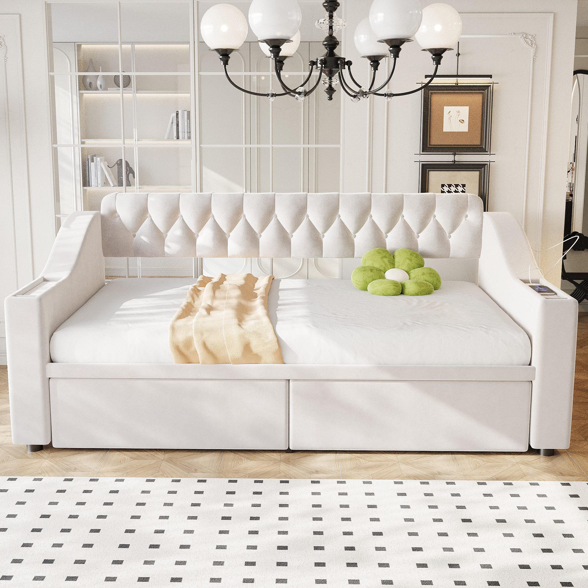 Celya Polsterbett Schlafsofa mit USB und Stauraum (90 x190 cm, mit 2 Schubladen, Integrierte Ablage in den Armlehnen, Mit Ablagetaschen, Samtstoff) – Bild 4 von 5