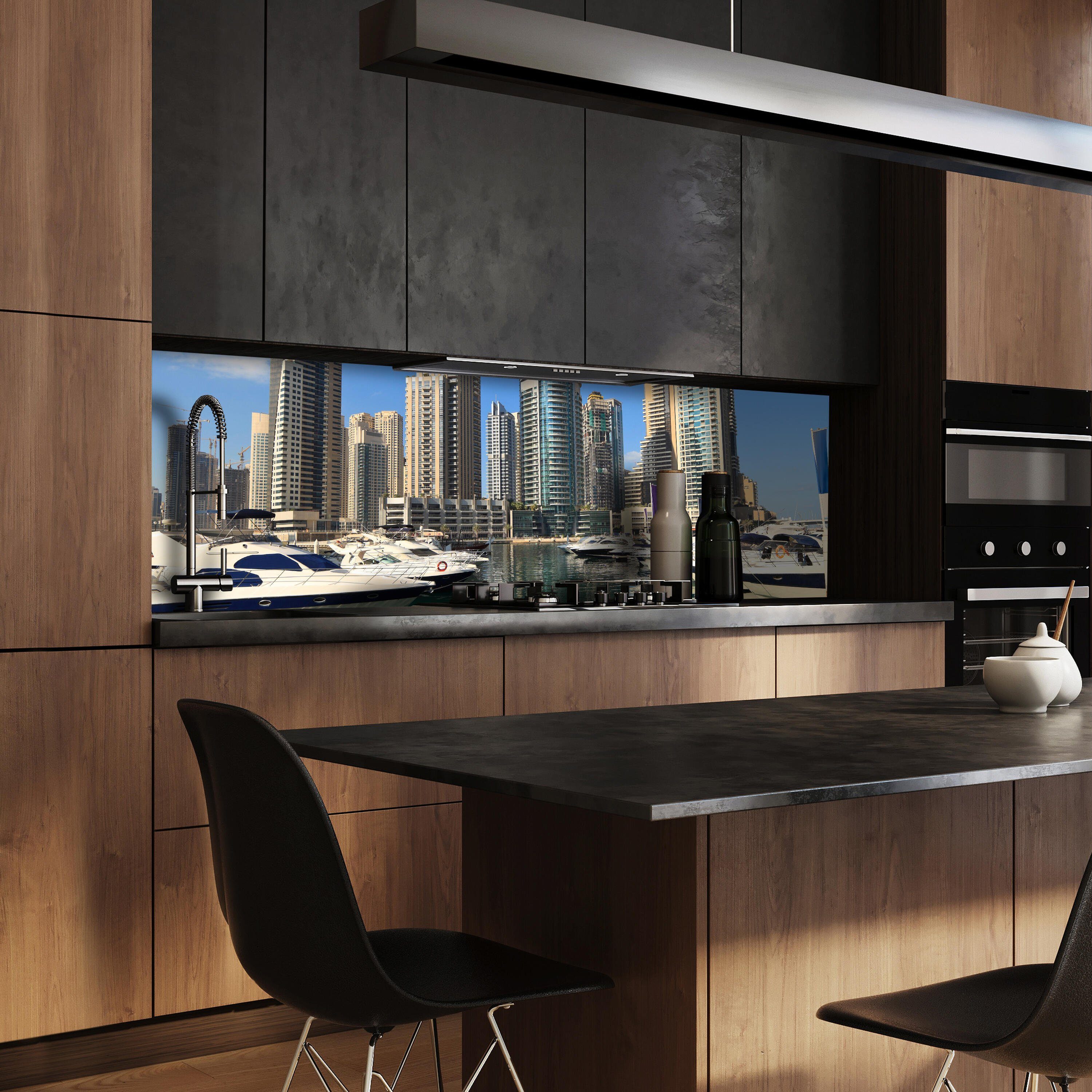 wandmotiv24 Küchenrückwand Dubai Skyline, (1-tlg), Premium Hartschaum Nischenrückwand in versch. Größen