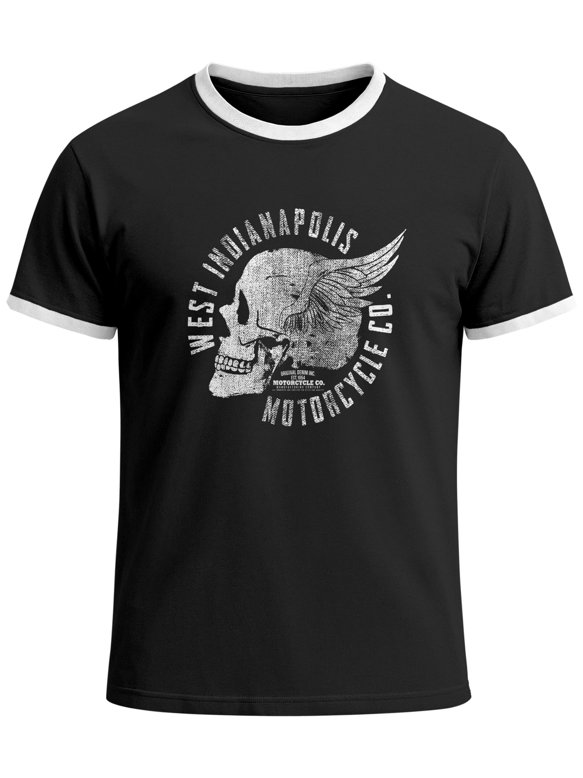 Neverless Print-Shirt Herren T-Shirt Retro Kontrastbund - Design Motorcycle Skull - mit Print