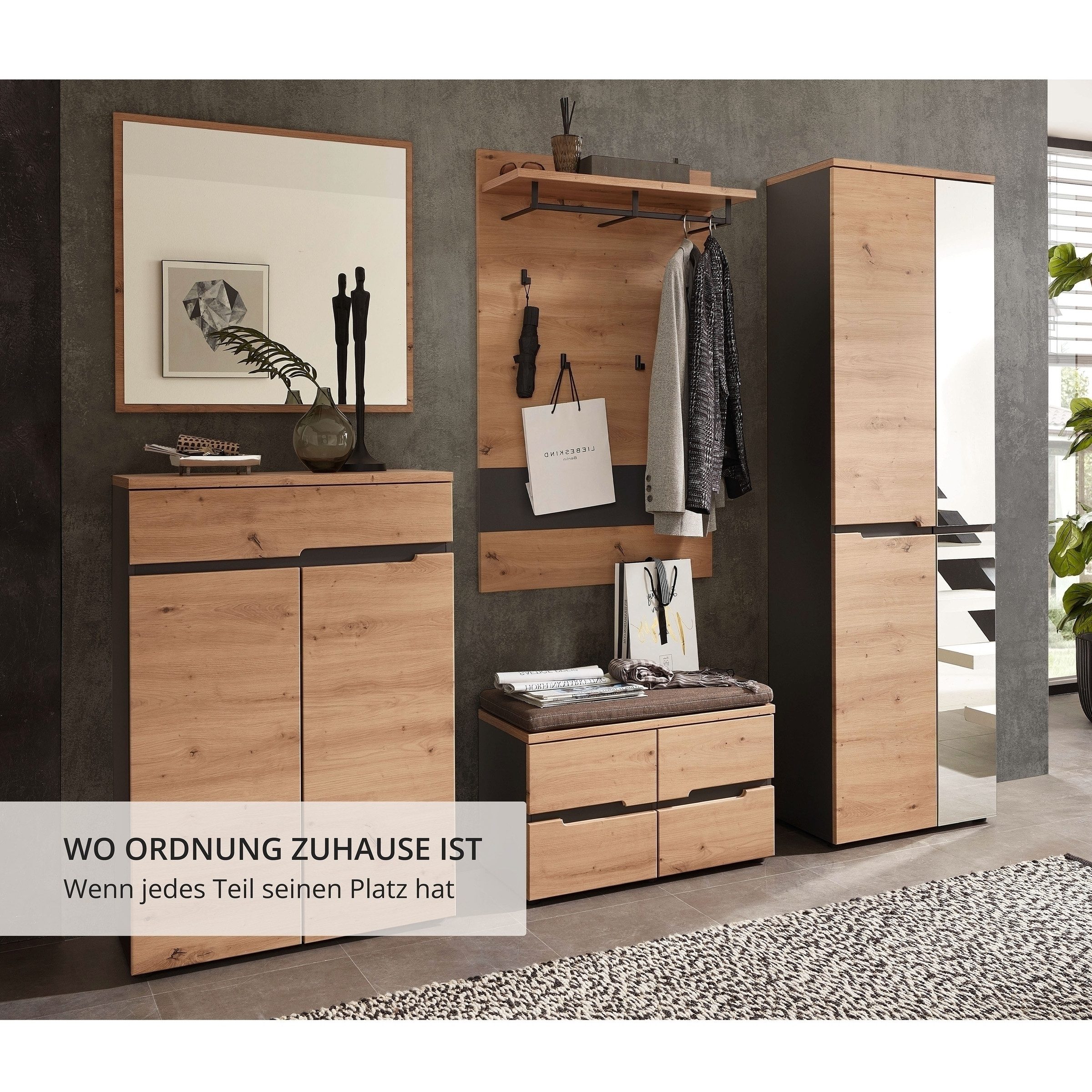 freiraum Garderoben-Set Memphis, (2-teilig) Artisan Eiche Dekor / Graphit - 80x192x38 (BxHxT)