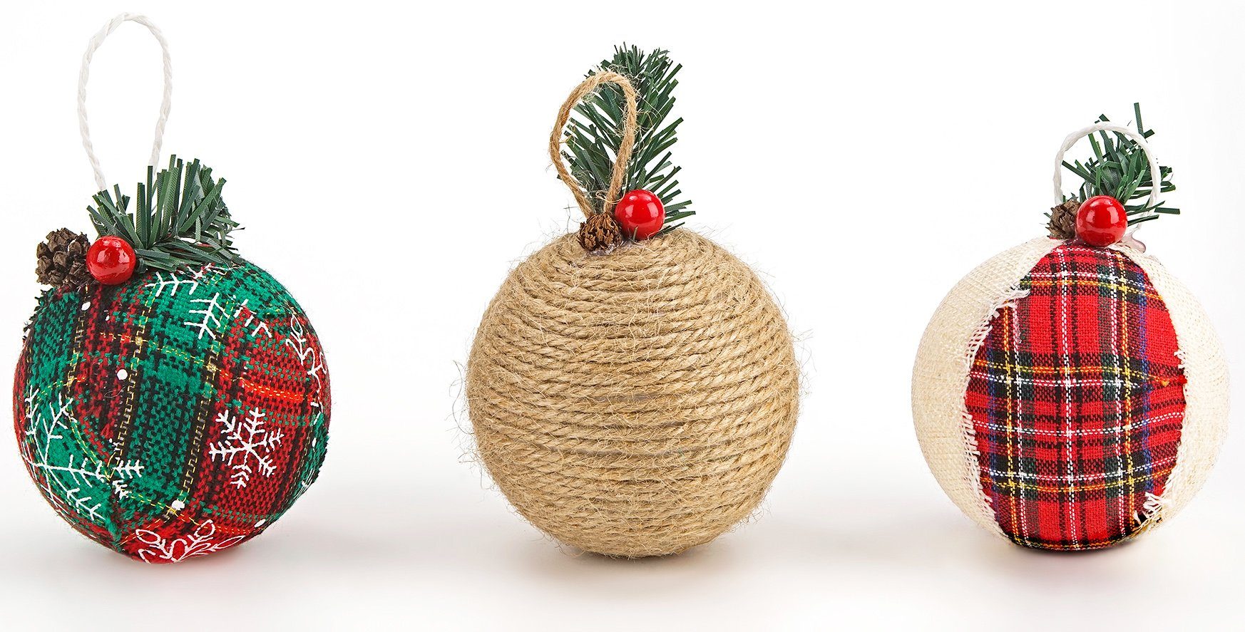 BRUBAKER Weihnachtsbaumkugel Christbaumkugel Set aus Jute (12 St), Baumkugel Set mit Juteaufhängern, stoffbezogene Weihnachtskugeln