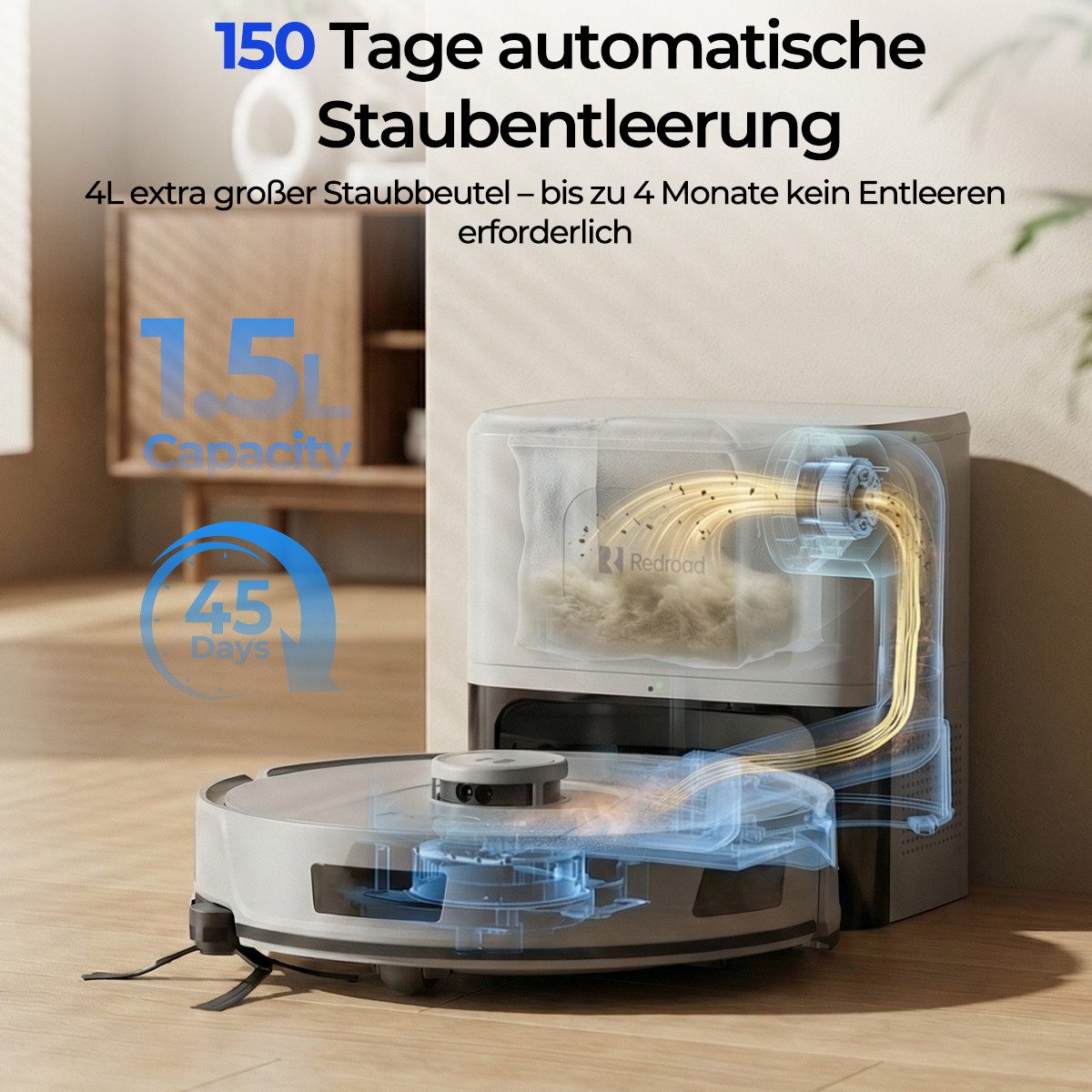 redroad Nass-Trocken-Saugroboter Saugroboter mit Wischfunktion 20.000Pa Absaugstation LiDAR App, 36 W, mit Beutel, Robot Vacuum, saugroboter für hohe türschwellen,APP Steuerung