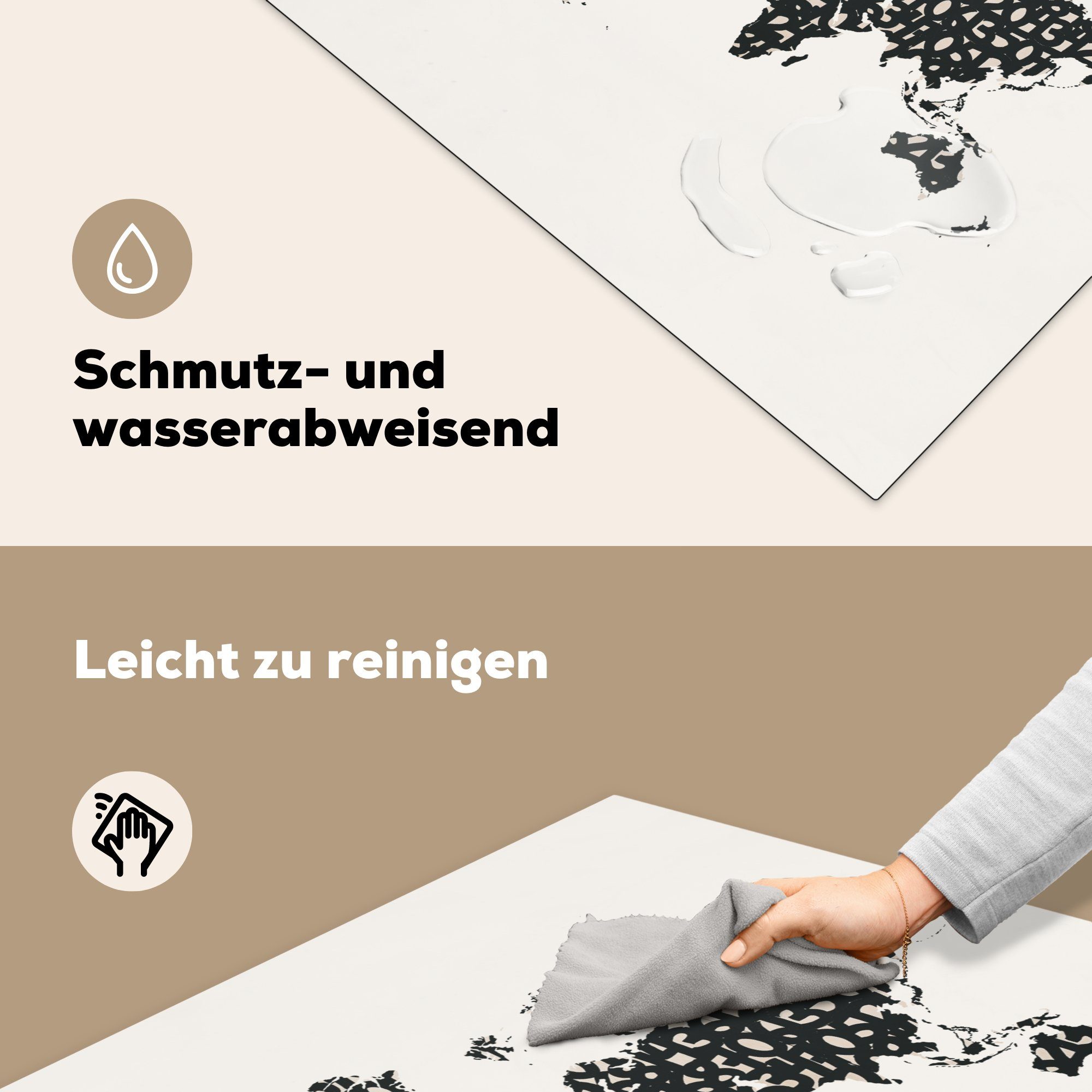 Herdblende-/Abdeckplatte küche tlg), MuchoWow Weiß Ceranfeldabdeckung, Arbeitsplatte Weltkarte (1 - Vinyl, 78x78 für Schwarz - Zahlen, cm, -