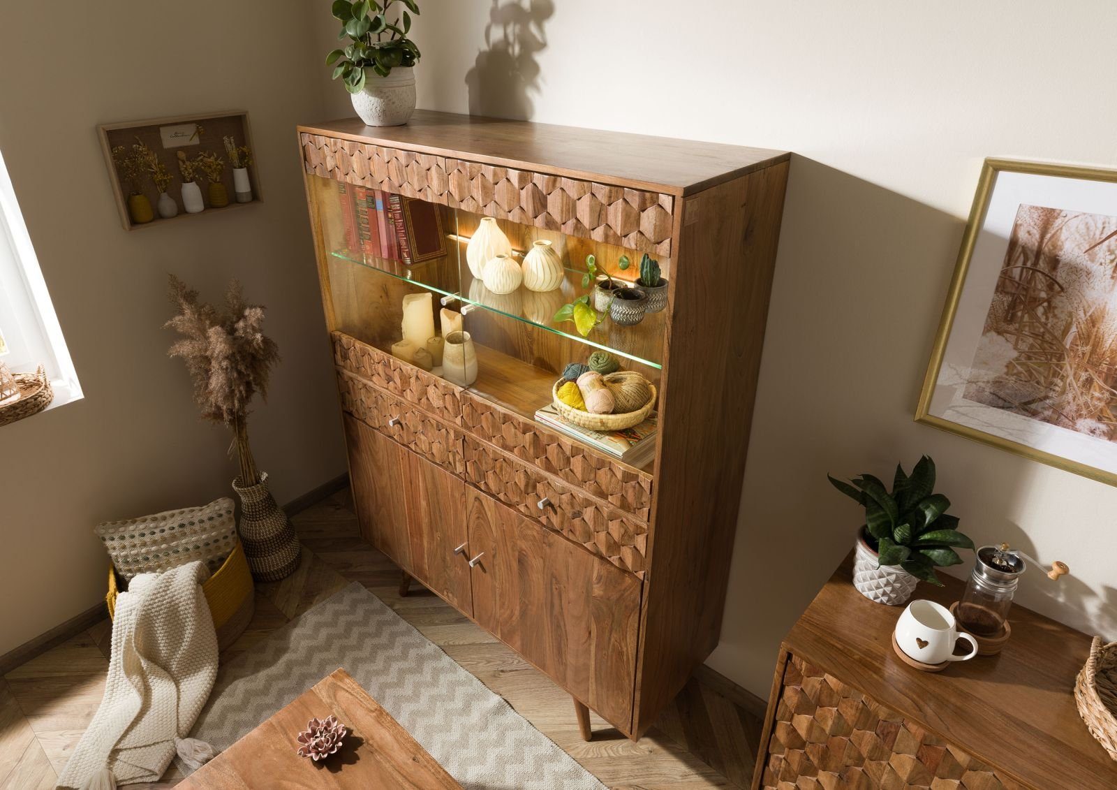 Massivmoebel24 Highboard MOSAYK (Massivholz), Highboard Akazie 120x42x160 Akazie natur lackiert MOSAYK #115