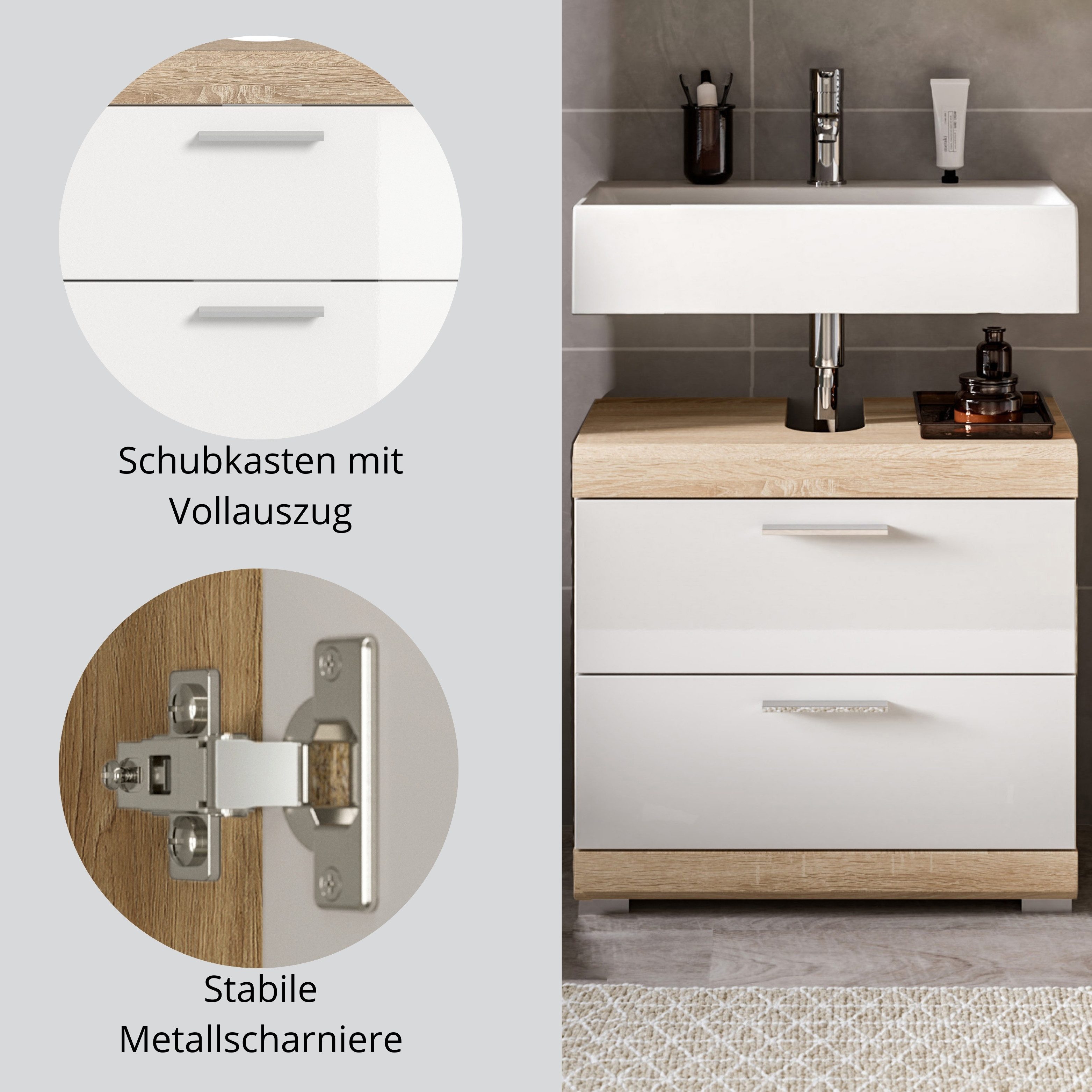 furnling Waschbeckenunterschrank Scott 2 Schubladen, Badmöbel, Badschrank, Badunterschrank, 60 cm breit – Bild 5 von 5