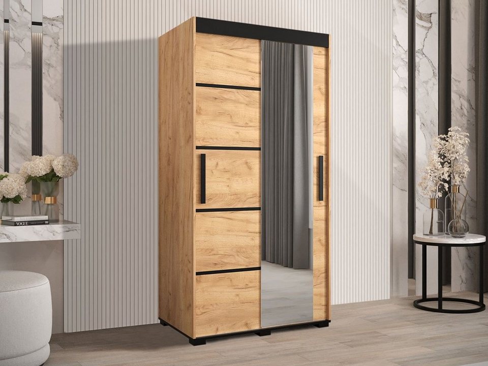 MIRJAN24 Kleiderschrank Bergamo V2 (mit Schubladen, Drehtüren) Breite:  100/180 cm, zwei Kleiderstangen, Holzfüße, mit Frontspiegel