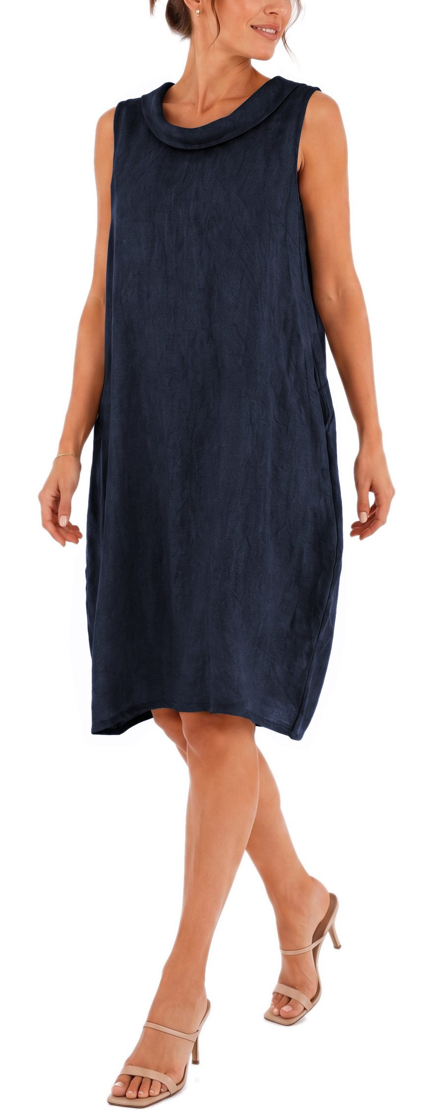 dy_mode Midikleid Damen Leinenkleid Luftiges Midi Sommerkleid Ballonkleid Strandkleid in Unifarbe, Wasserfallkragen, mit seitlichen Eingriffstaschen – Bild 2 von 5