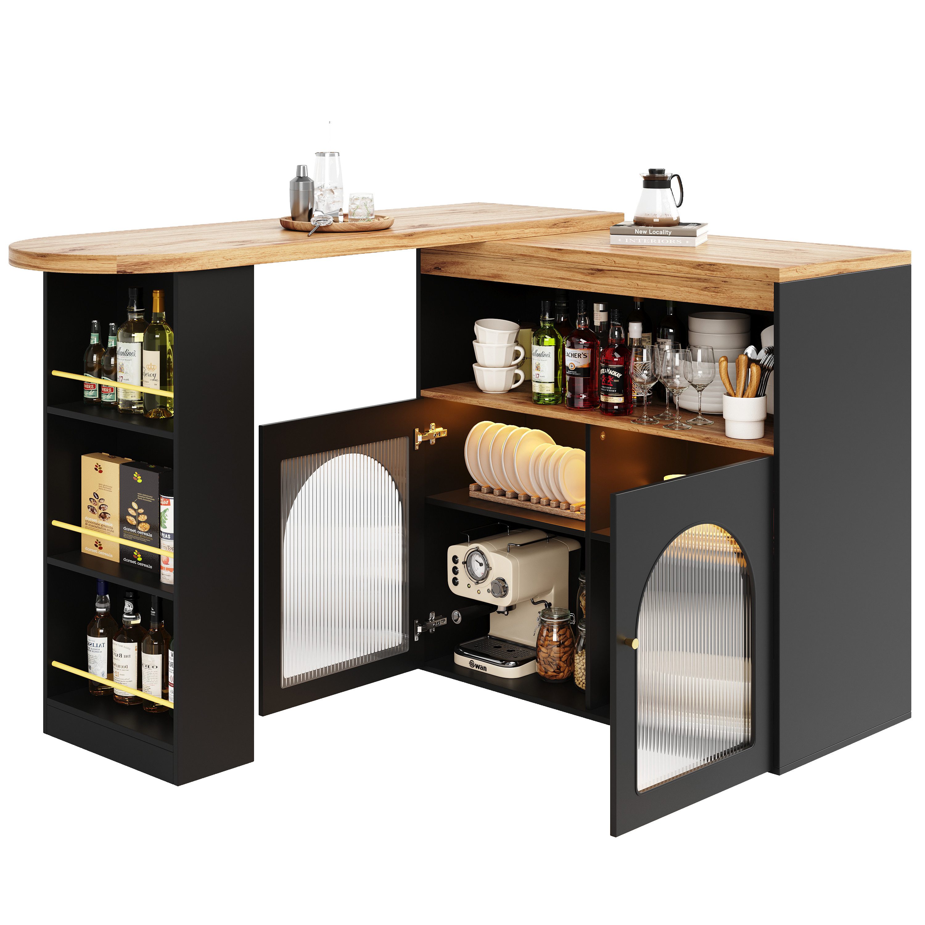 HAUSS SPOLE Bartisch 138-193 x 39 x 105cm Moderner ausziehbarer Bartisch (1-St., Ausziehbarer Esstisch mit Stauraum für Esszimmer), Mit 1m langem LED Lichtstreifen, Schwarz