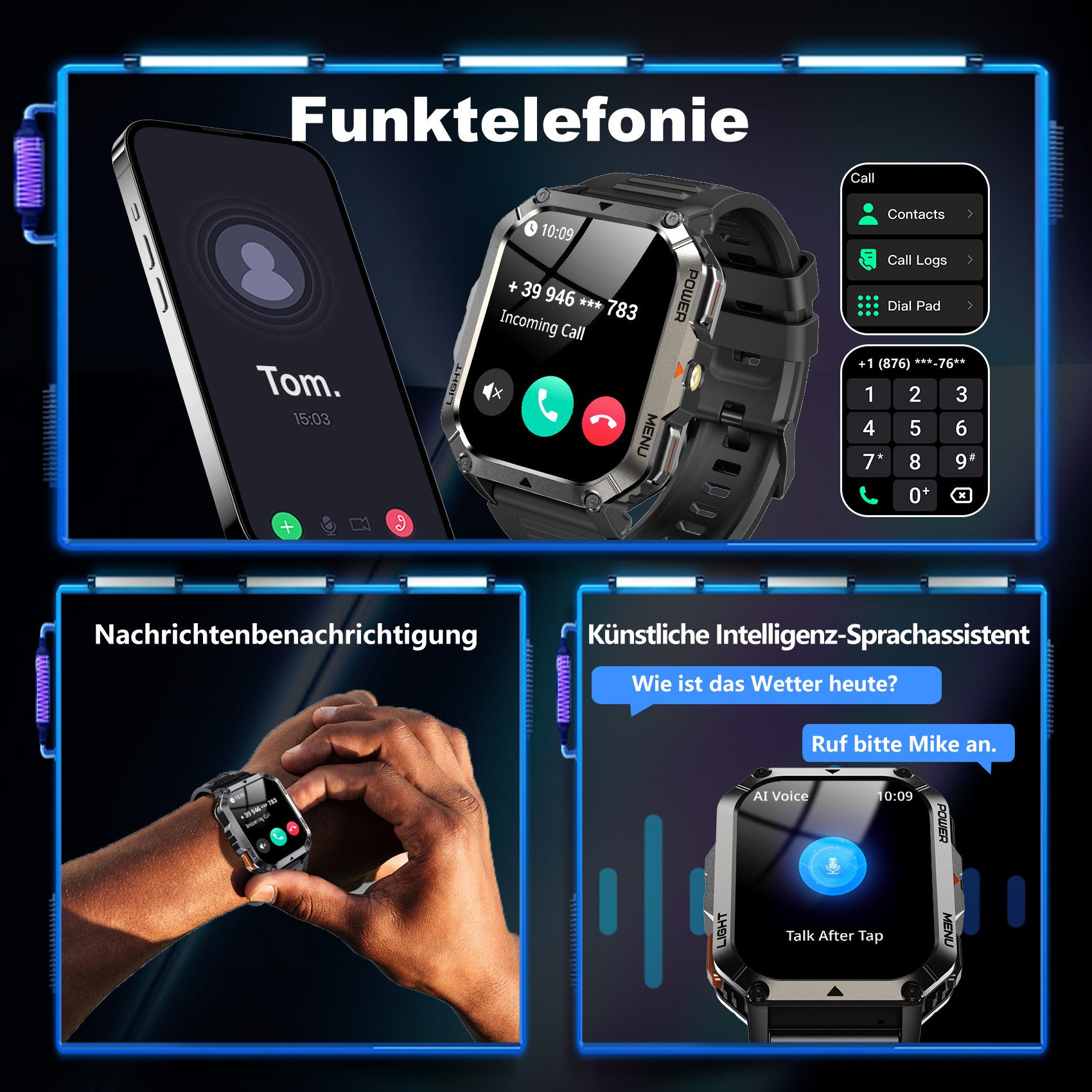 IOWODO Robuste Herren-Smartwatch, Bluetooth-Anrufe, 20-Tage-Akku, Outdoor-Pro Smartwatch Set, mit Wechselband aus weichemSilikon und Ladekabel, 900 mAh,Kompass & Taschenlampe,SOS,App-Fitnesskurse,Schrittzähler,IP68