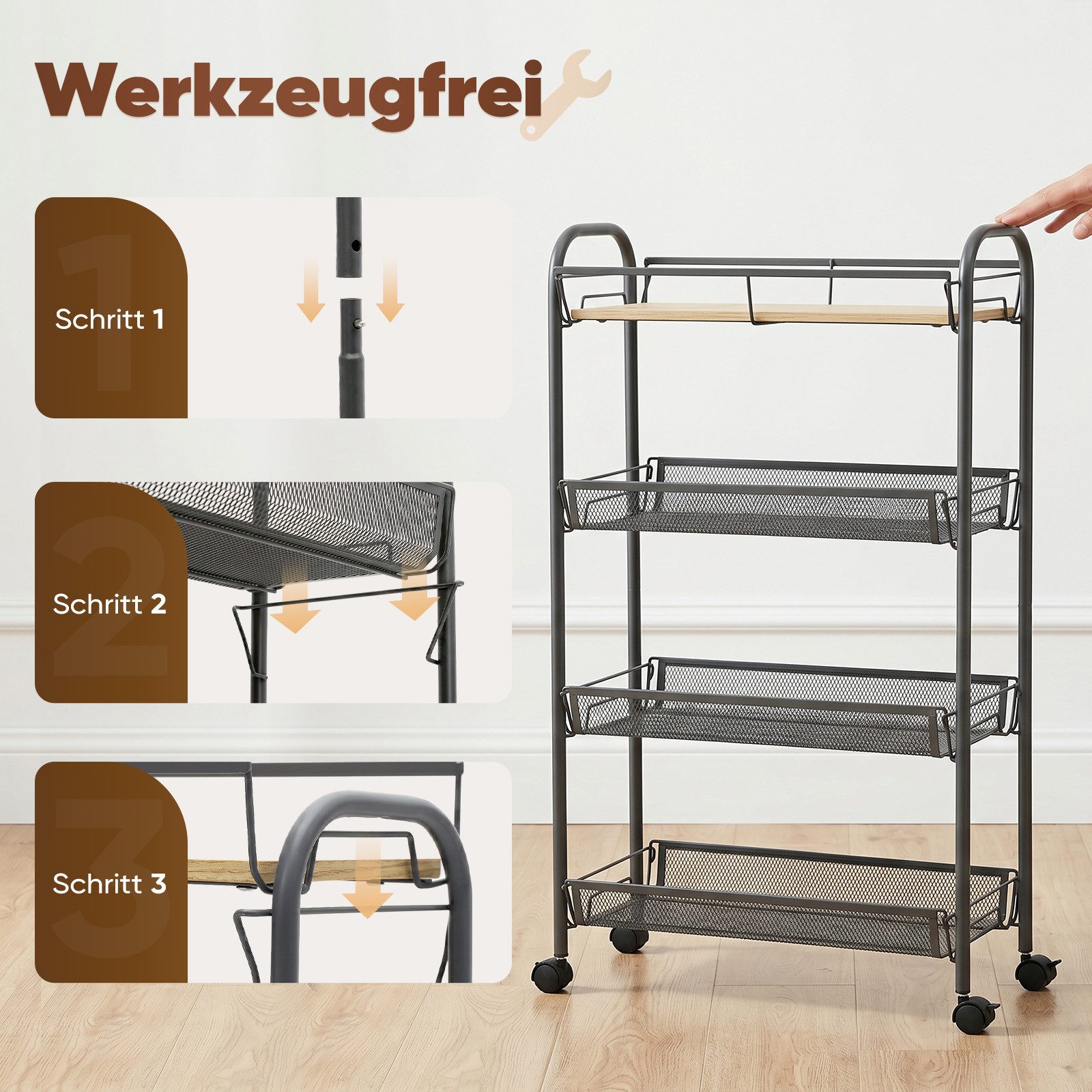 Sekey Beistellwagen Küchenwagen schmal Nischenregal mit Rollen 20cm breit Rollwagen schmal, Regalwagen mit Rollen, 43,8x19x83cm Aufbewahrungswagen – Bild 4 von 5