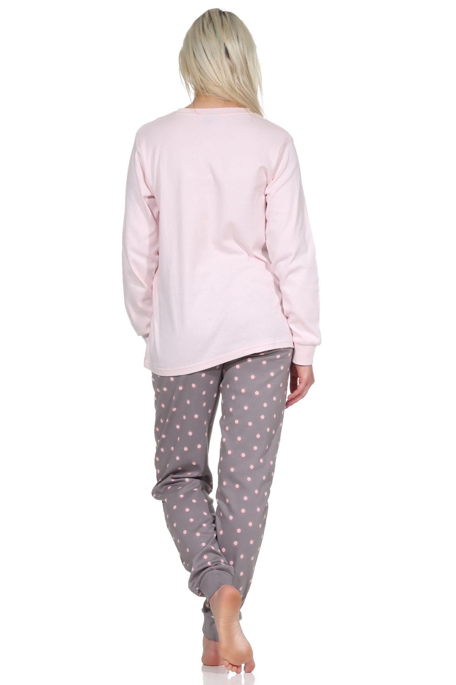 Normann Pyjama Damen Schlafanzug Qualität lang Kuschel Bündchen Interlock grau-melange mit in