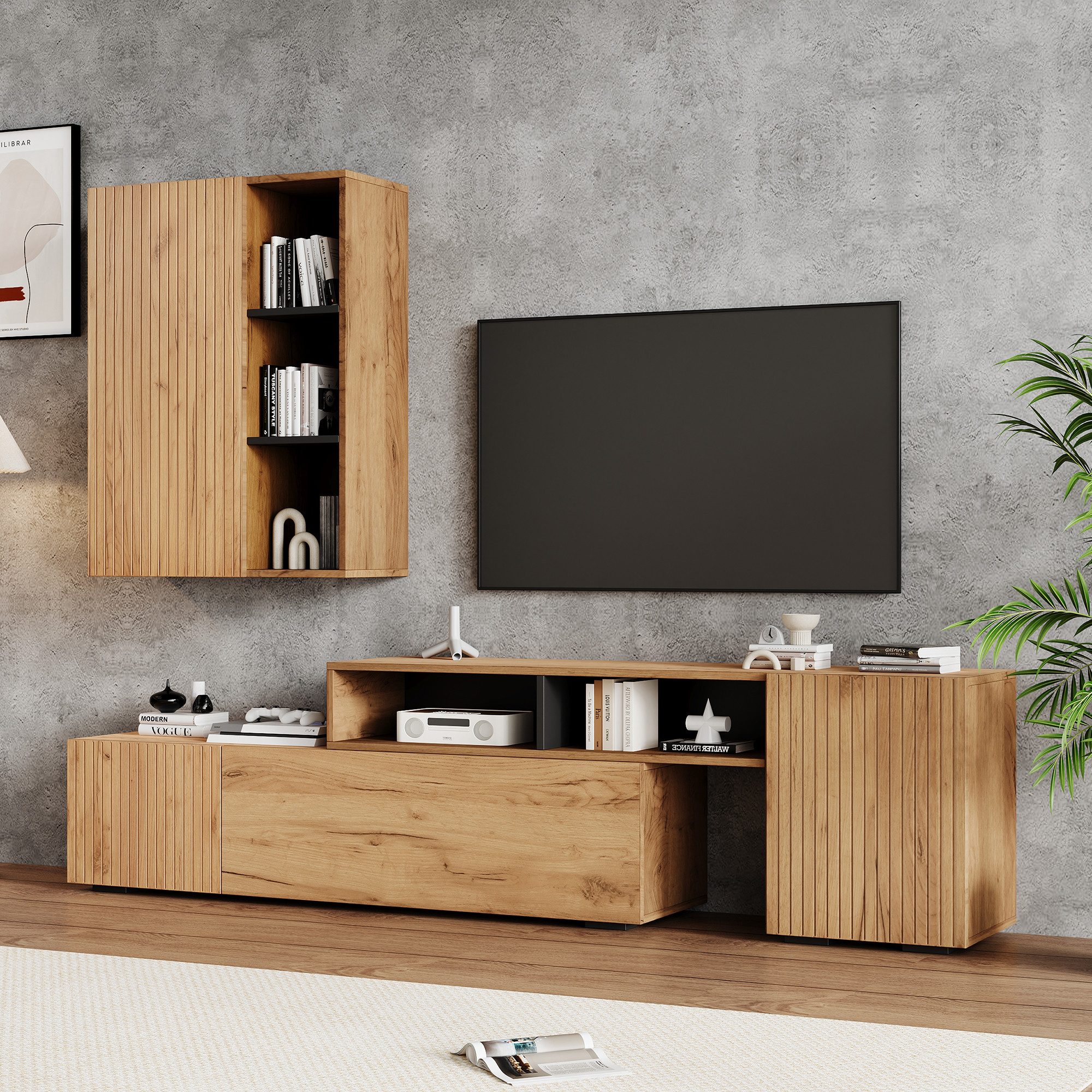 Merax Wohnwand, (2-St), Wohnwand-Set mit TV-Board und Standregal, in Holzfarbe & Schwarz