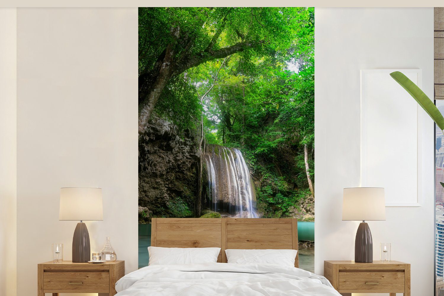 MuchoWow Fototapete Dschungel - St), Natur, Wasser Wasserfall Matt, bedruckt, für - (2 Schlafzimmer Fototapete Vliestapete Pflanzen Küche, Wohnzimmer - 