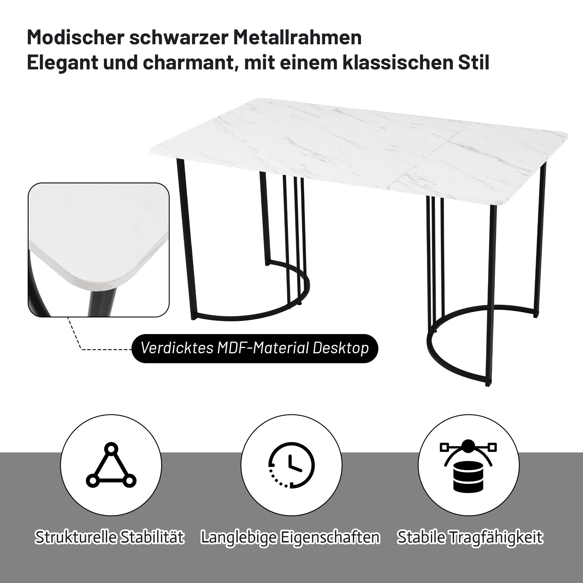 Esstisch (140x80x75 cm, nur Tisch), rechteckig Küchentisch Marmoroptik Esszimmertisch, Metallbeine
