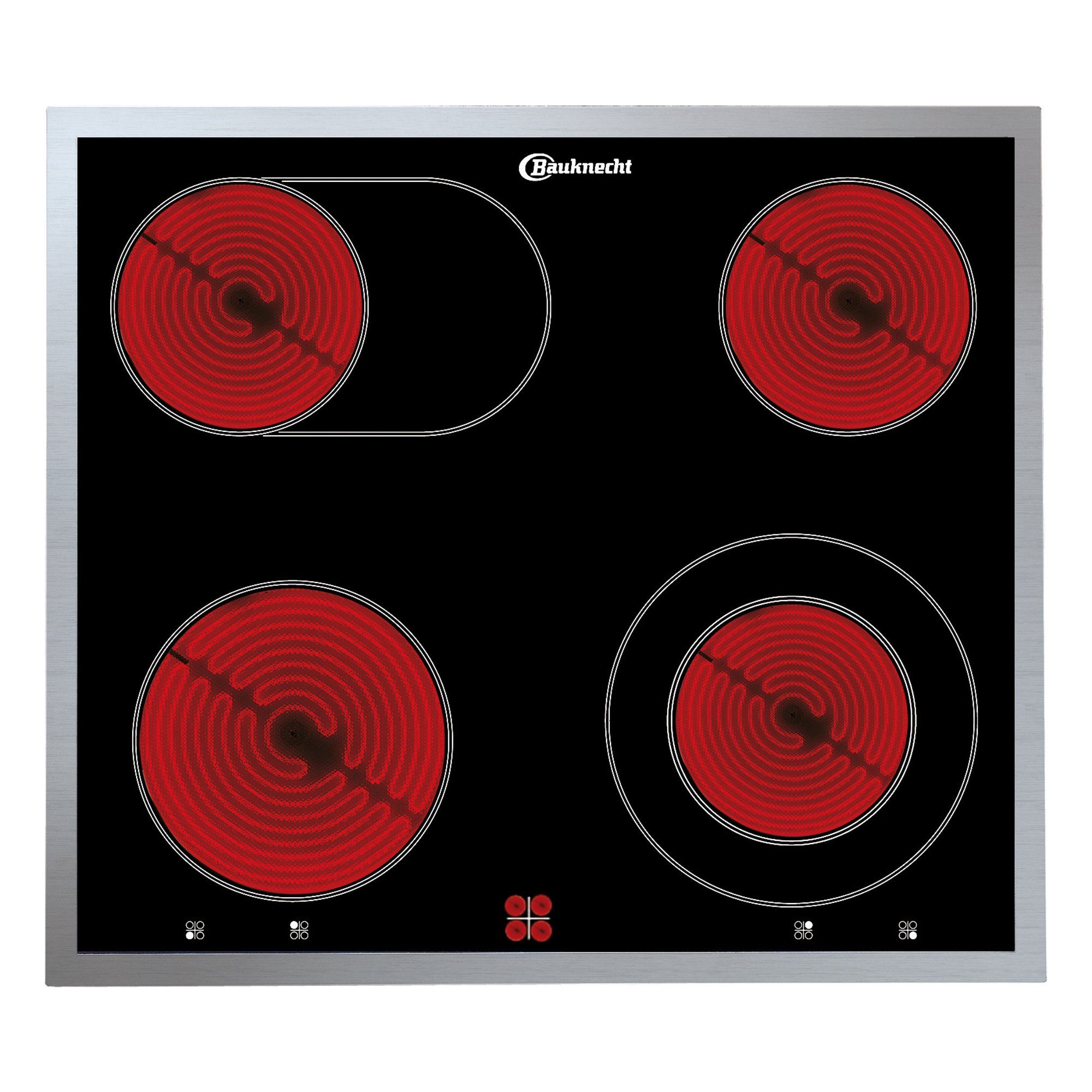 BAUKNECHT Elektro-Kochfeld CHR 9642 IN, Flacher Edelstahl-Rahmen, 4 Kochzonen, 1 Bräter-Zweikreis Kochzone