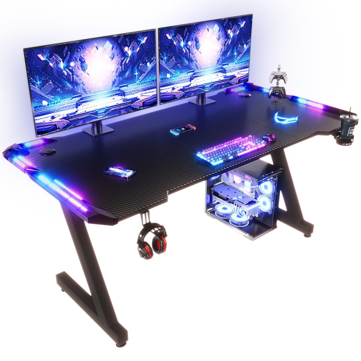 HOMALL Gamingtisch LED Gaming Tisch,Computertisch,mit RGB Lichtern 120/140/160cm (Schreibtisch mit RGB,Passender Becherhalter und Kopfhörerhaken, Z-förmige Tischbeine,Gamer-Schreibtisch)