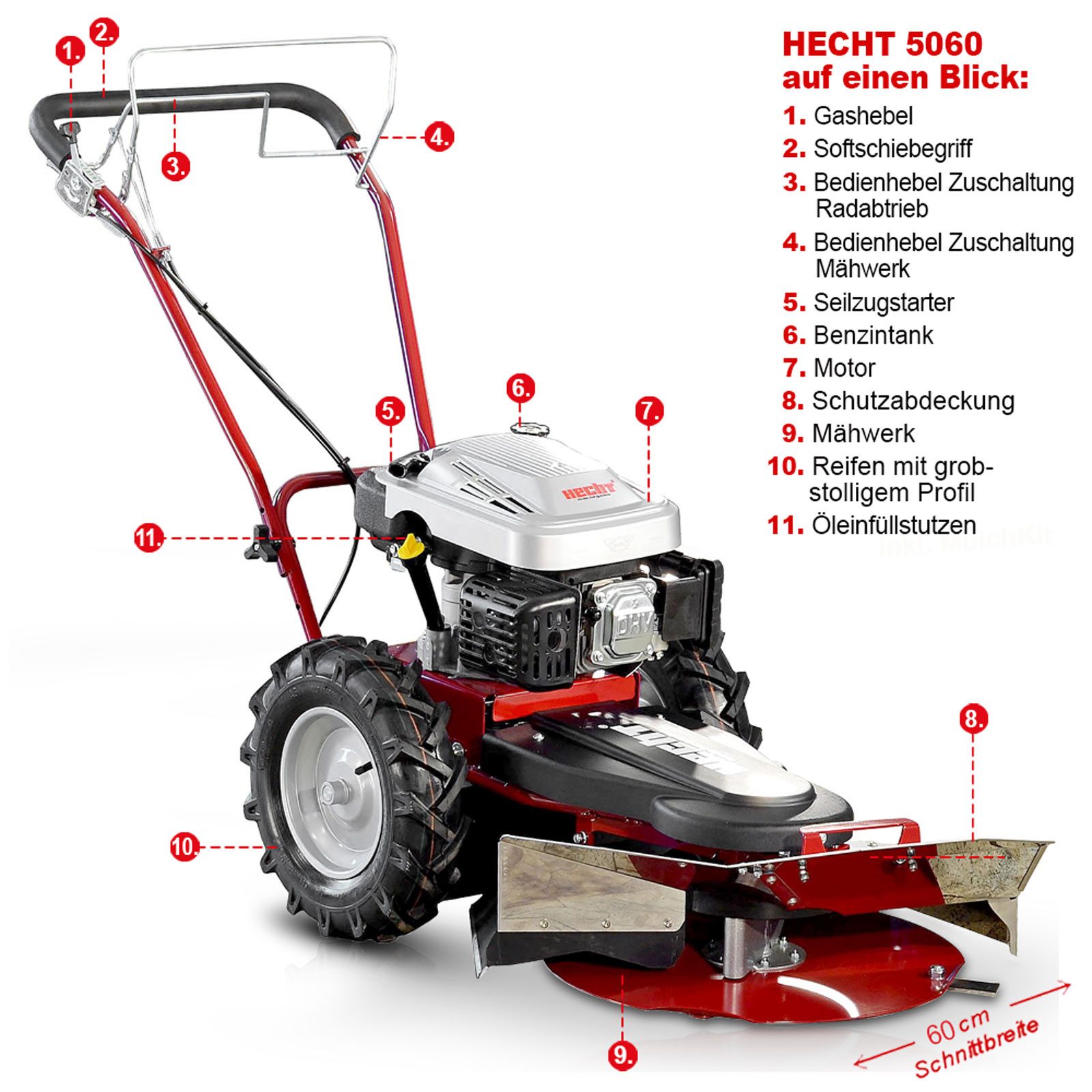 Hecht Hochgrasmäher Kreiselmäher 5060 mit Radantrieb 173 cm³, 60 cm Schnittbreite, 3400 U/min, 3km/h, höhenverstellbarer Lenkholm – Bild 3 von 5