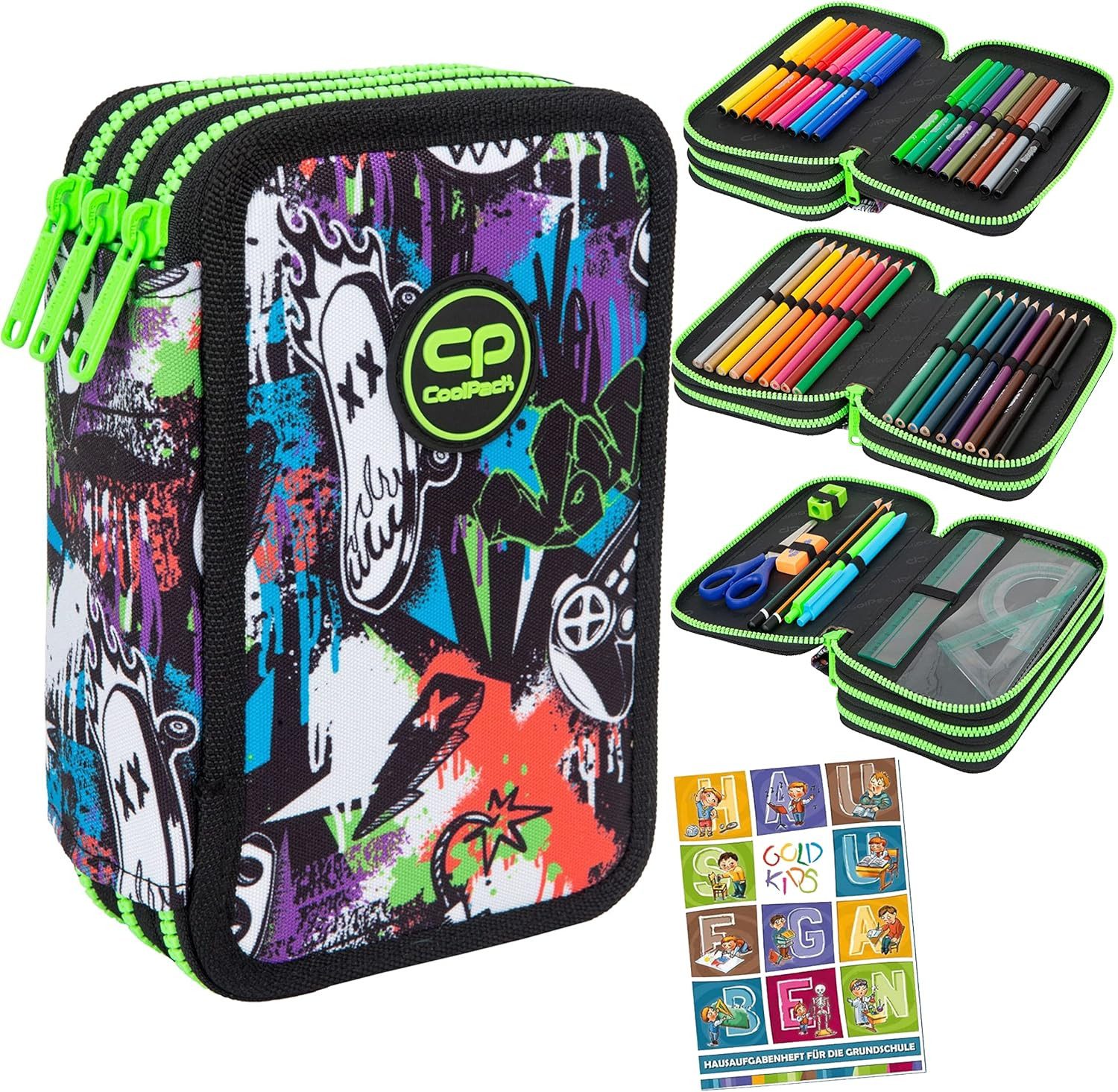 GOLDKIDS Federmäppchen Federtasche 3-fache Federmappe PEEK A Boo, (Federmäppchen 46-teilig gefüllte, 1-tlg., Schüleretui Stifte und Pinsel inkl), Aufgabenheft Federbox Etui Stiftetasche Schlamper-Etui Schul-Etui