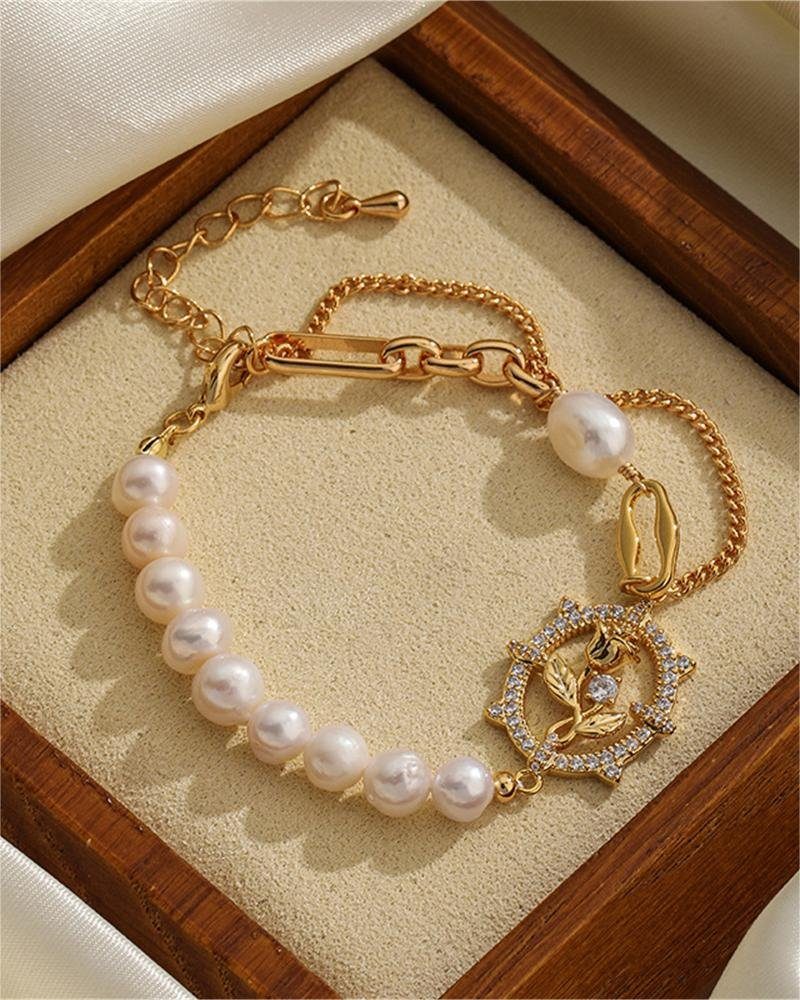 Rouemi Perlenkette Damen Pearl Anhänger Halskette, Vintage Pearl Rose Armband Goldfarben-A