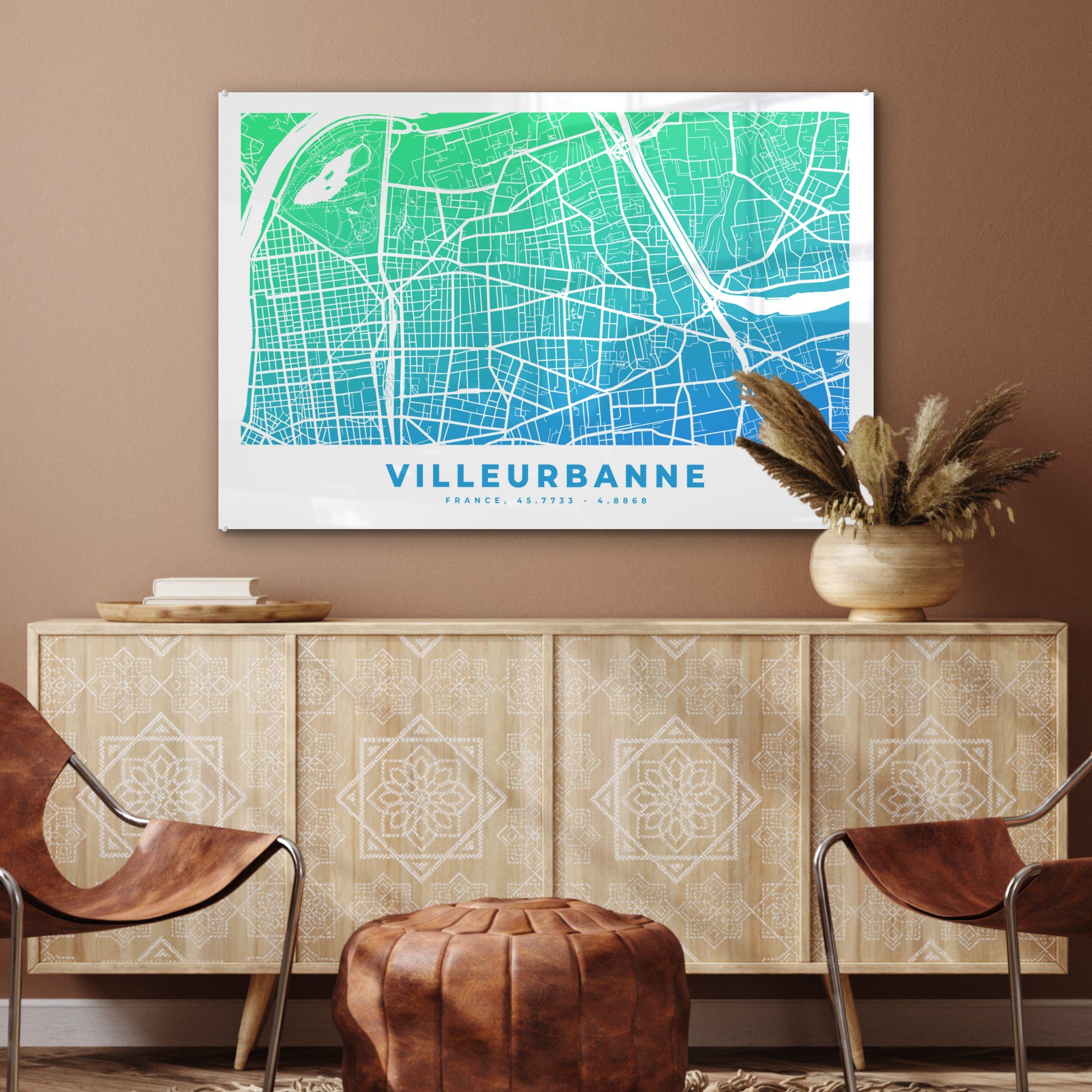 Stadtplan St), - Frankreich Schlafzimmer - Acrylglasbild Acrylglasbilder MuchoWow (1 Villeurbanne, Wohnzimmer &
