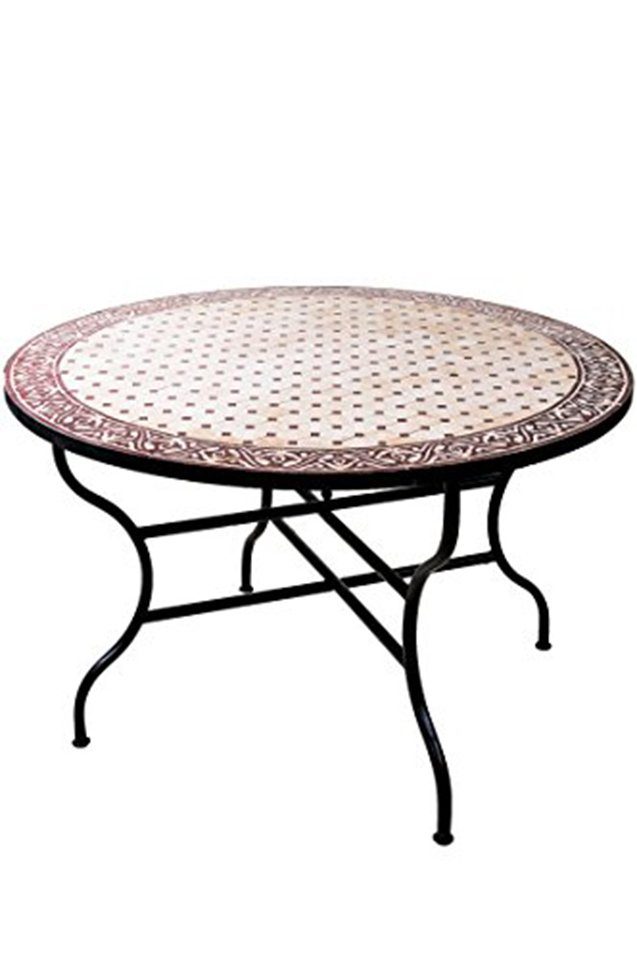 Marrakesch Orient & Mediterran Interior Gartentisch Marokkanischer Mosaiktisch Meknes Beige-Bordeaux aus Keramik 120 cm, Handarbeit