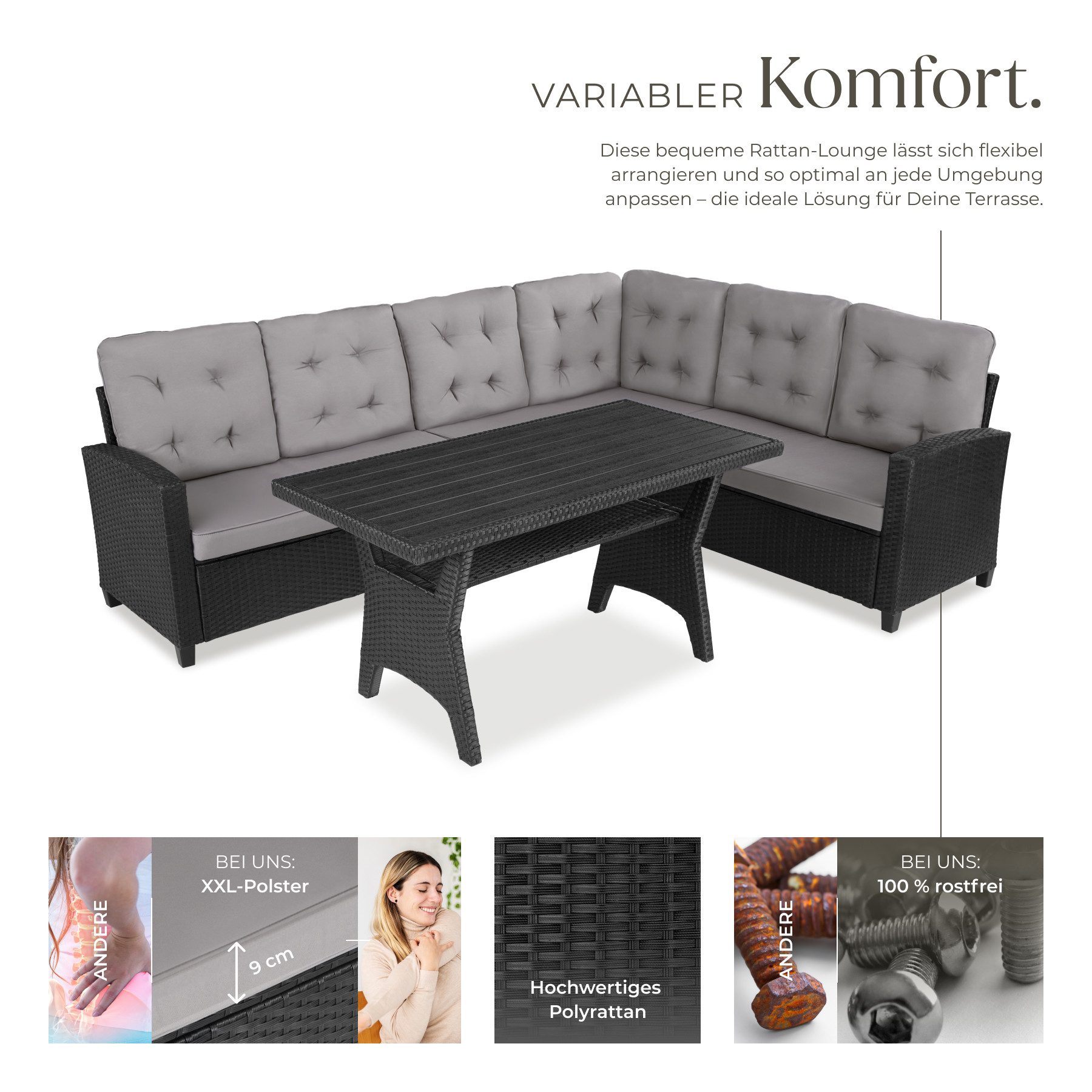 tectake Loungeset Rattan Sitzgruppe inkl. Tisch mit Schraubfüßen, für 6 Personen, (Gartenlounge-set Catania, 3-tlg., geeignet für Outdoor in Schwarz), widerstandsfähig und UV-beständig, Dicke der Sitzpolster 9 cm