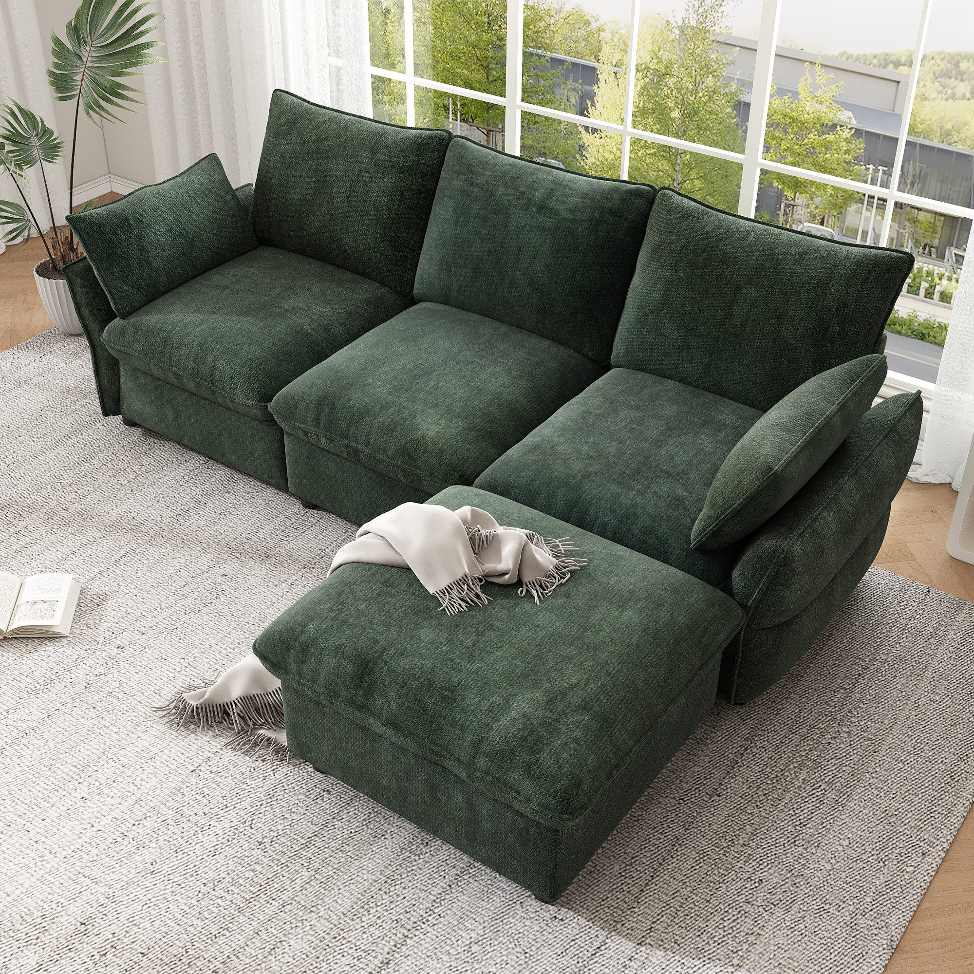 Flieks Ecksofa 3-Sitzer Sofa inkl. 1 Hocker & 2 Zierkissen, 222,5×154,5×76,5 cm 1 Teile, L-Form Couch Chaiselongue mit Schlaffunktion, Chenille, Dunkelgrün