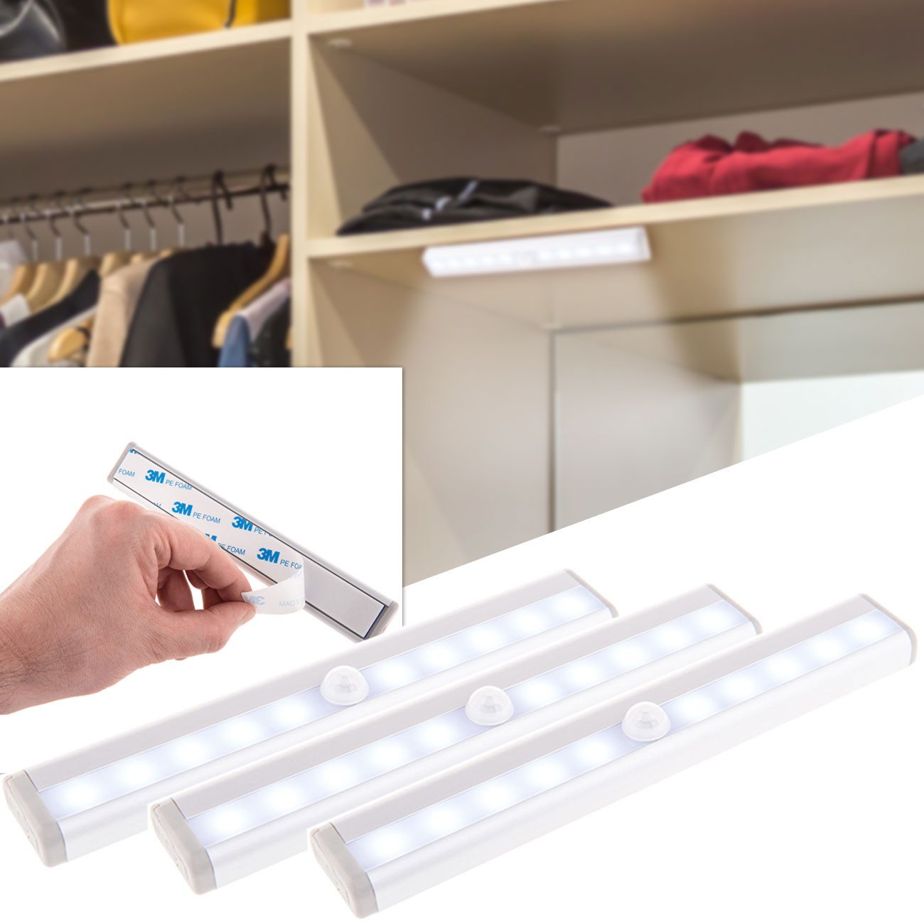 Out of the Blue LED Lichtleiste LED Lichtleiste Bewegungsmelder Nachtlicht Unterbauleuchte kabellos, 3M-Klebeband & 15-Sek.-Timer/Diffuses Licht