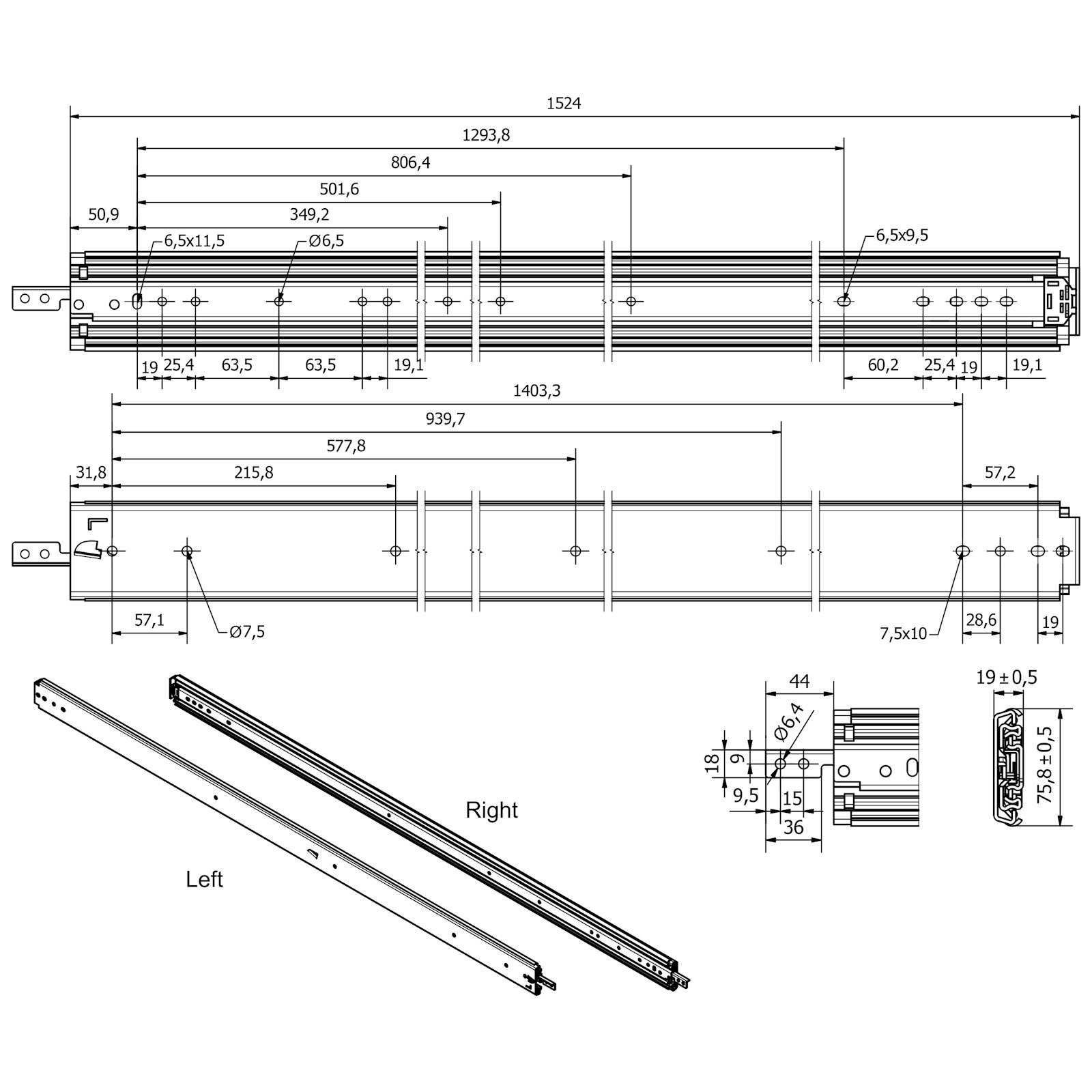 SO-TECH® Auszug Schwerlastauszug 200 kg mit Lock-in/out Einrastfunktion (2 St), gelber Hebel, KV2-200-H76-L1500-LC 1524 mm – Bild 5 von 5