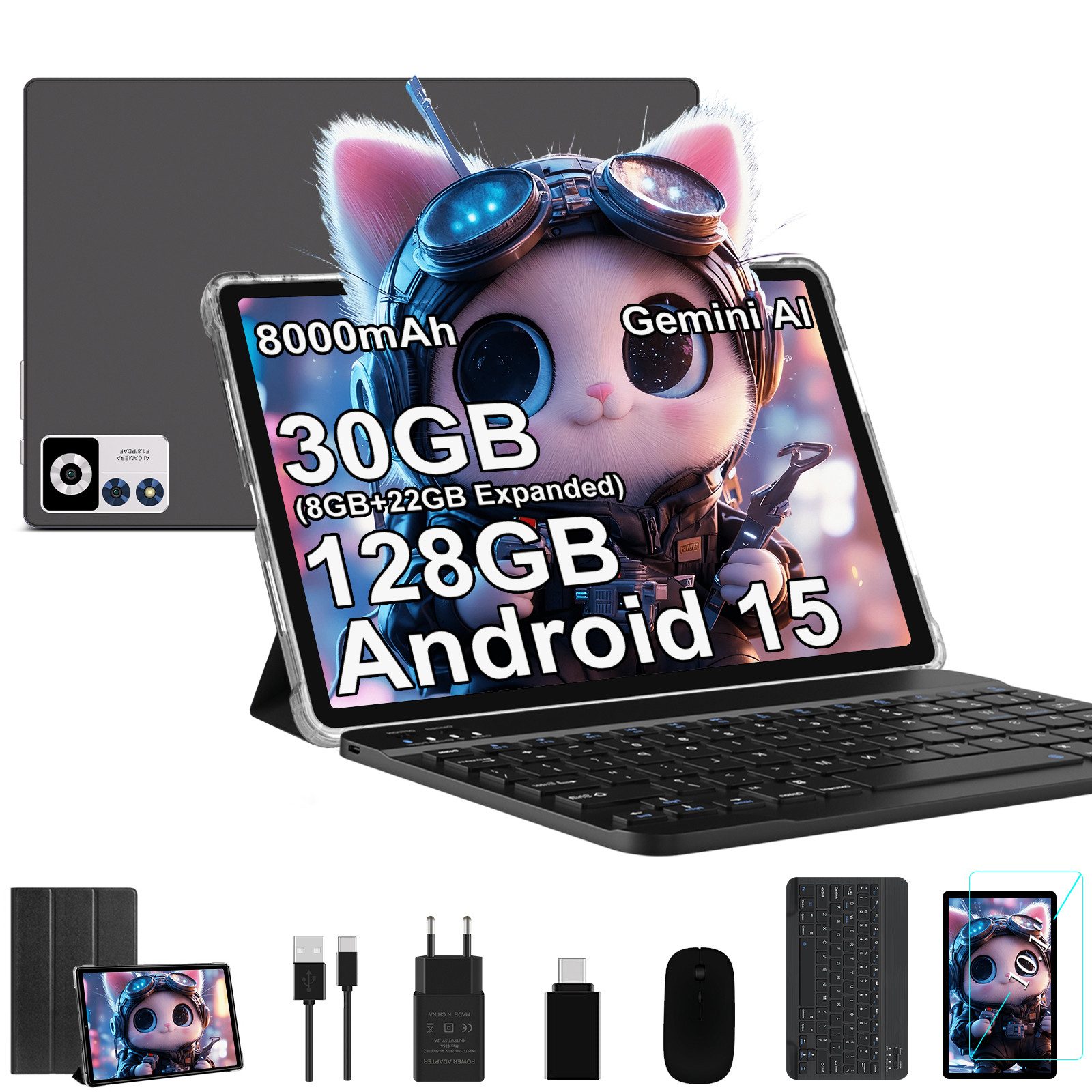 GOODTEL 10.1 Zoll Android 15 Tablet – 30GB RAM, 128GB Speicher Tablet (10.1", Android15, Octa-Core 2.0GHz, 8000mAh Akku, GPS)