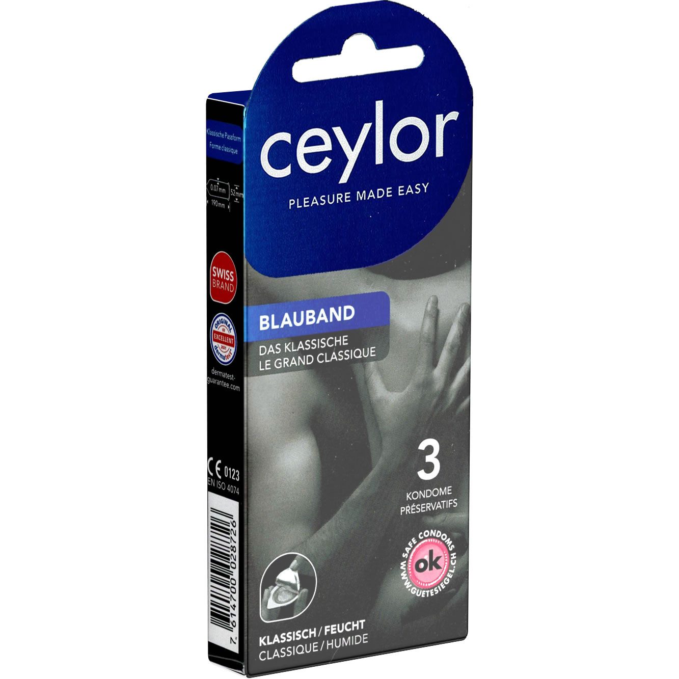 Ceylor Kondome Blauband (Kondome mit Gleitcreme) Packung mit, 3 St., klassische Kondome, Premium-Qualität aus der Schweiz, im hygienischen "Dösli", einfach zu öffnen, schnelleres Überziehen
