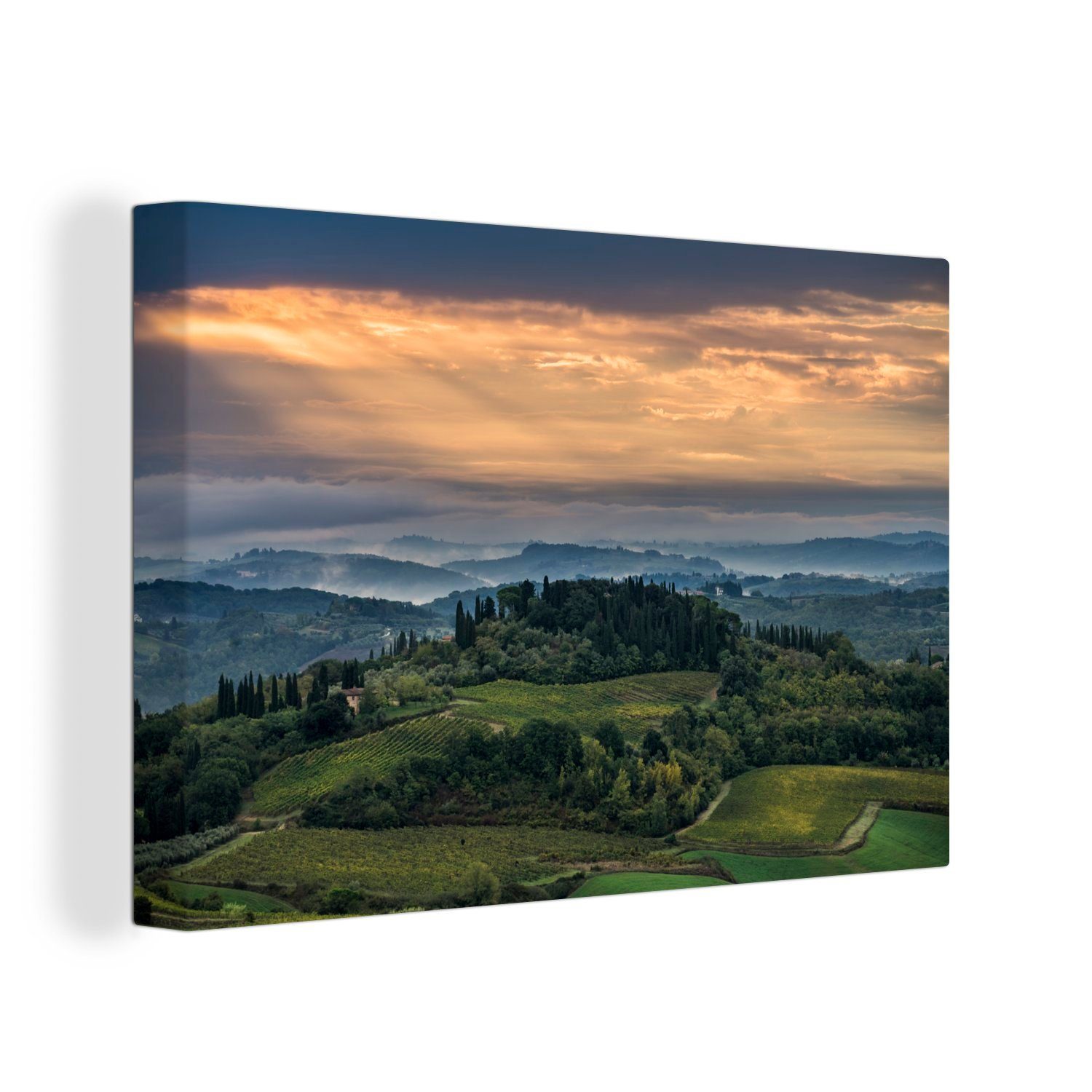 OneMillionCanvasses® Leinwandbild Sonnenstrahlen beleuchten die italienische Hügelkuppe in der Nähe der, (1 St), Wandbild Leinwandbilder, Aufhängefertig, Wanddeko, 30x20 cm