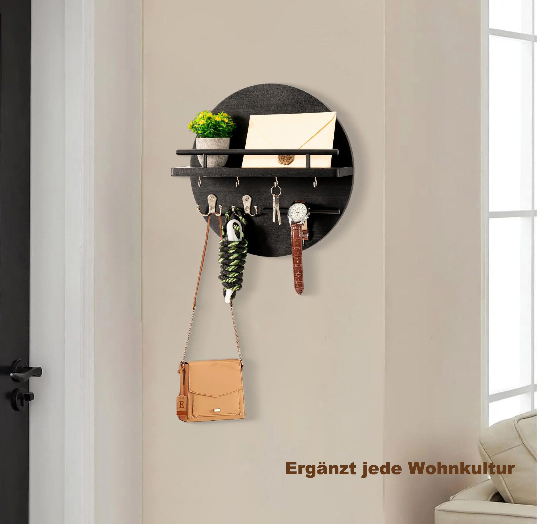 Coonoor Schlüsselbrett mit Regal und Haken, Wandmontierter Postorganizer im Runddesign, (1 St), für Eingangsbereich, Rustikale Boho-Wanddekoration für Zuhause – Bild 3 von 5