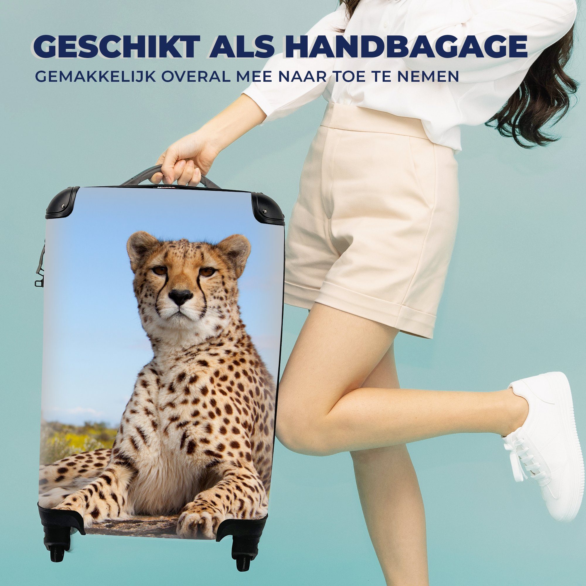 - - mit für rollen, Reisetasche Handgepäck Leopard Trolley, 4 Ferien, Rollen, Reisekoffer MuchoWow Natur, Handgepäckkoffer Tiere