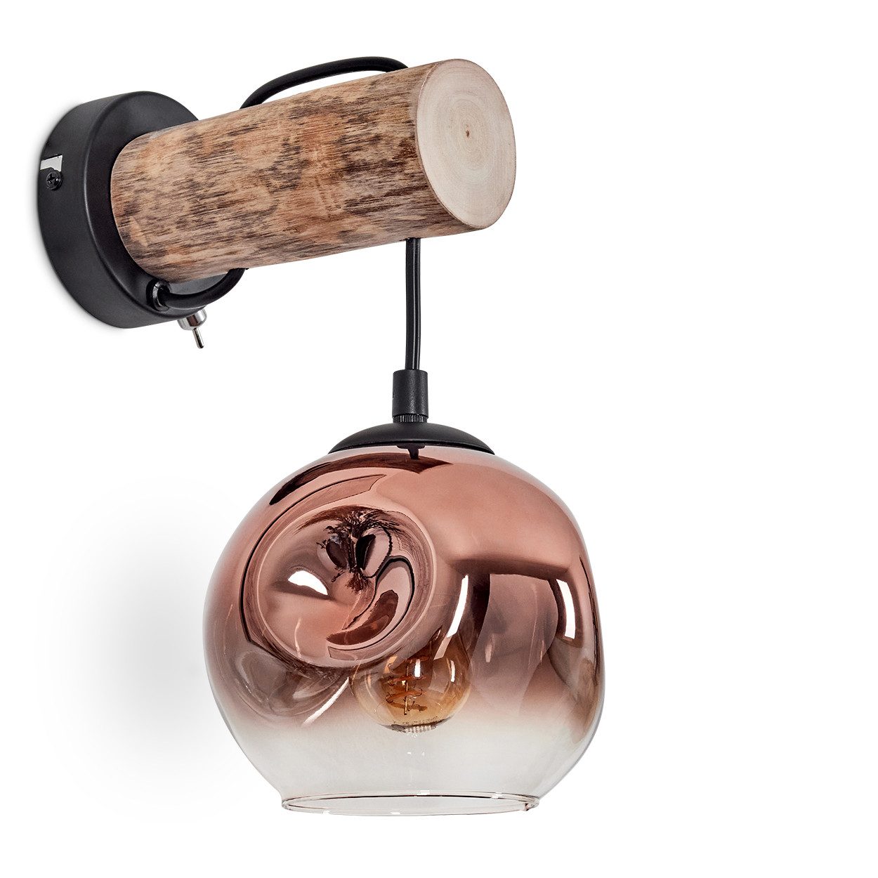Wandleuchte Wandlampe aus Holz/Metall/Glas in Schwarz/Natur/Kupfer/Klar